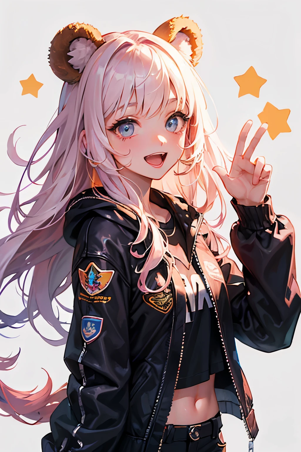 (illustratio:1.3)Teddy bear with girl smiling with open mouth,Painted with multicolored inks,Punk style,Innocent, bear ears ,Radiant,Delicate,high-level image quality,Honey is dripping