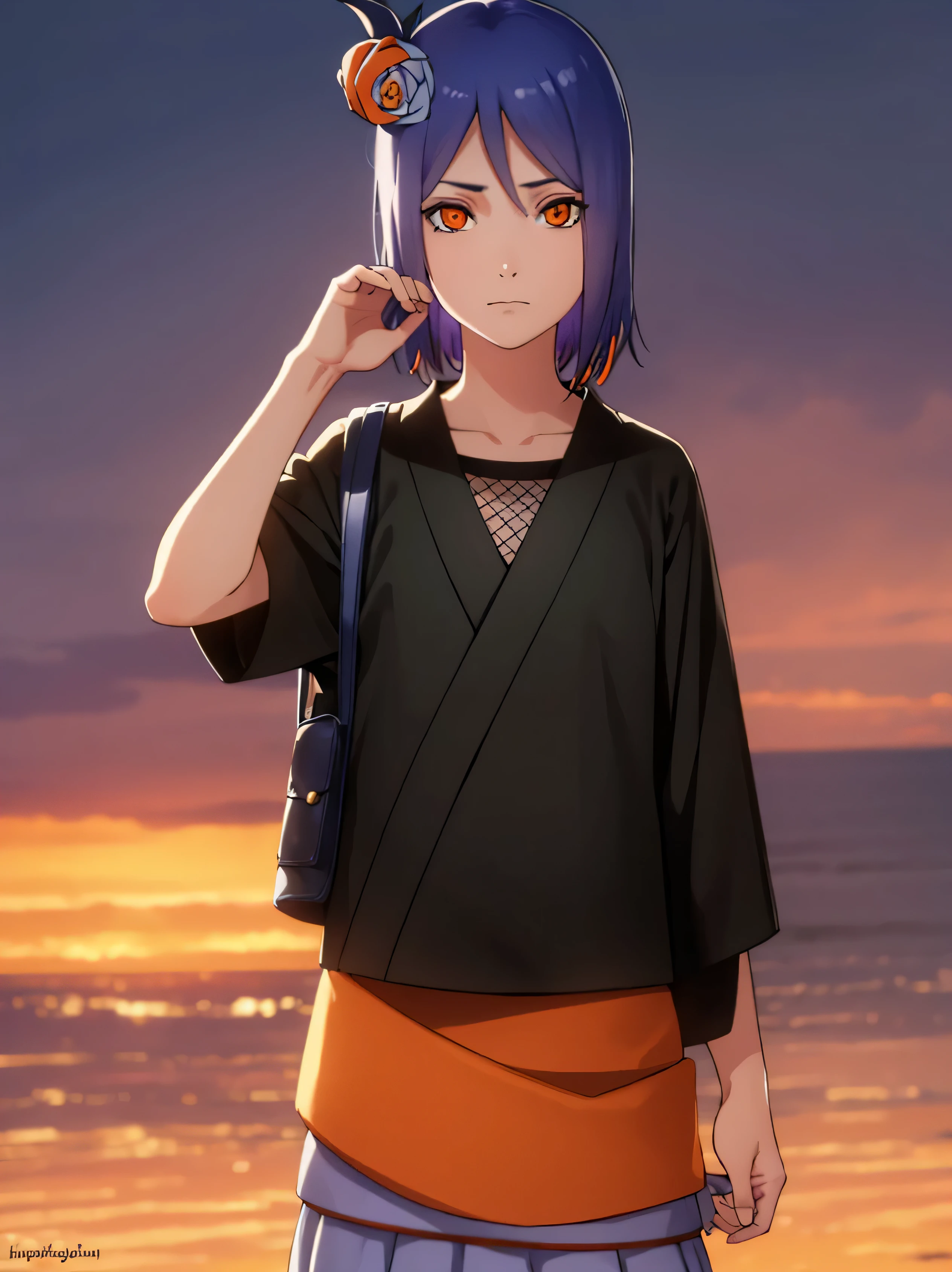 konan, konan, blue hair, (orange eyes:1.5), short hair, hair ornament, flower, hair flower,
BREAK fishnets, japanese clothes, skirt,
BREAK cowboy shot, looking at viewer,
BREAK outdoors,
BREAK (masterpiece:1.2), best quality, high resolution, unity 8k wallpaper, (illustration:0.8), (beautiful detailed eyes:1.6), extremely detailed face, perfect lighting, extremely detailed CG, (perfect hands, perfect anatomy),