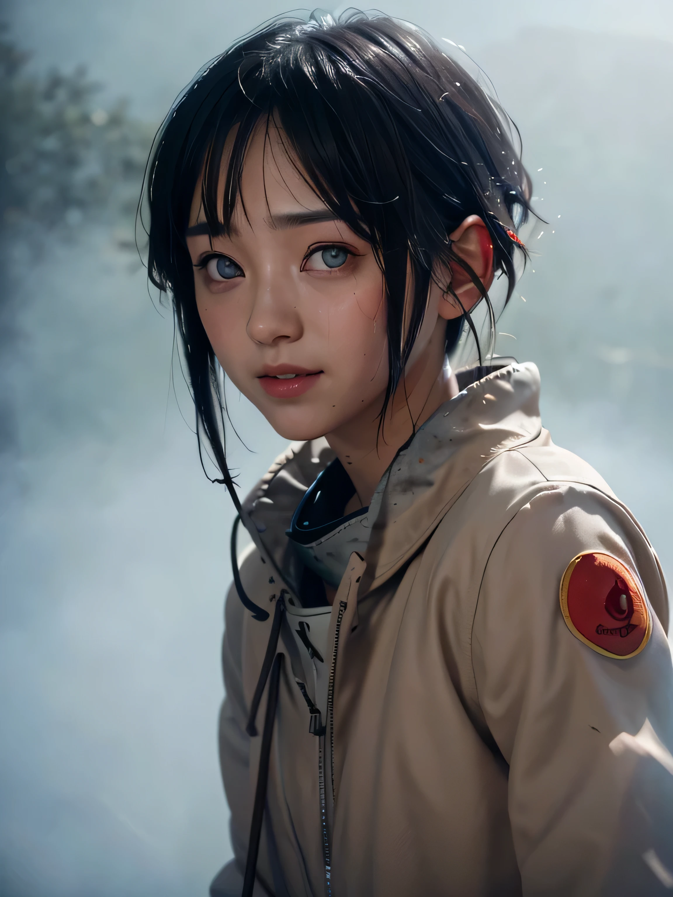 masterpiece, best quality, (realistic, photo-realistic:1.4), (RAW photo:1.2), extremely detailed CG unity 8k wallpaper, delicate and beautiful, amazing,finely detail, official art, absurdres, incredibly absurdres, huge filesize, ultra-detailed,extremely detailed eyes and face,light on face,little smile,black hair,white skin,winter,hinata_hyuuga,short hair,(nude:1.4),blunt bangs,street,(sweating:1.4),sauna,(fog:1.5)