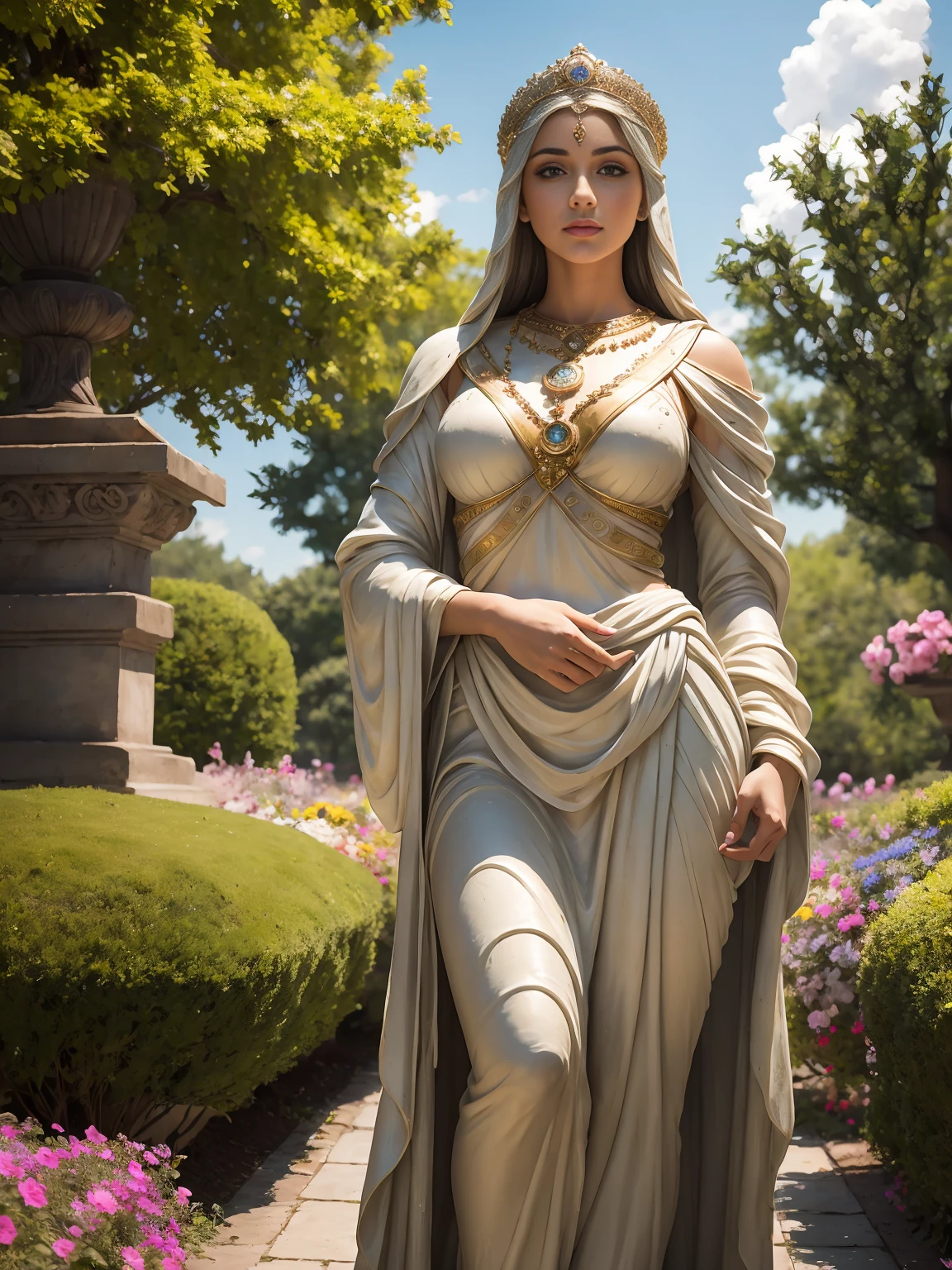 A girl in a garden,with beautiful detailed eyes,beautiful detailed lips,extremely detailed eyes and face,and long eyelashes,standing in front of a magnificent statue of Emperor Constantine. The garden is filled with vibrant flowers and lush greenery. The girl is dressed in a flowing gown that matches the colors of the garden, and her pose exudes a sense of grace and tranquility. The statue of Emperor Constantine is a grand representation of his powerful and influential reign. It is crafted with the finest materials, resembling a masterpiece of ancient sculpture. The surrounding atmosphere is filled with an ethereal light, creating a magical ambiance. The image quality is of the highest standard, with 4k resolution and ultra-detailed rendering, capturing every intricate detail of the scene. The overall color tone is warm and vibrant, enhancing the beauty of the girl and the garden. The lighting is soft and diffused, casting a gentle glow on the statue and creating an aura of reverence. This prompt combines the elements of artistry, history, and spirituality, resulting in a visually stunning and emotionally captivating image.