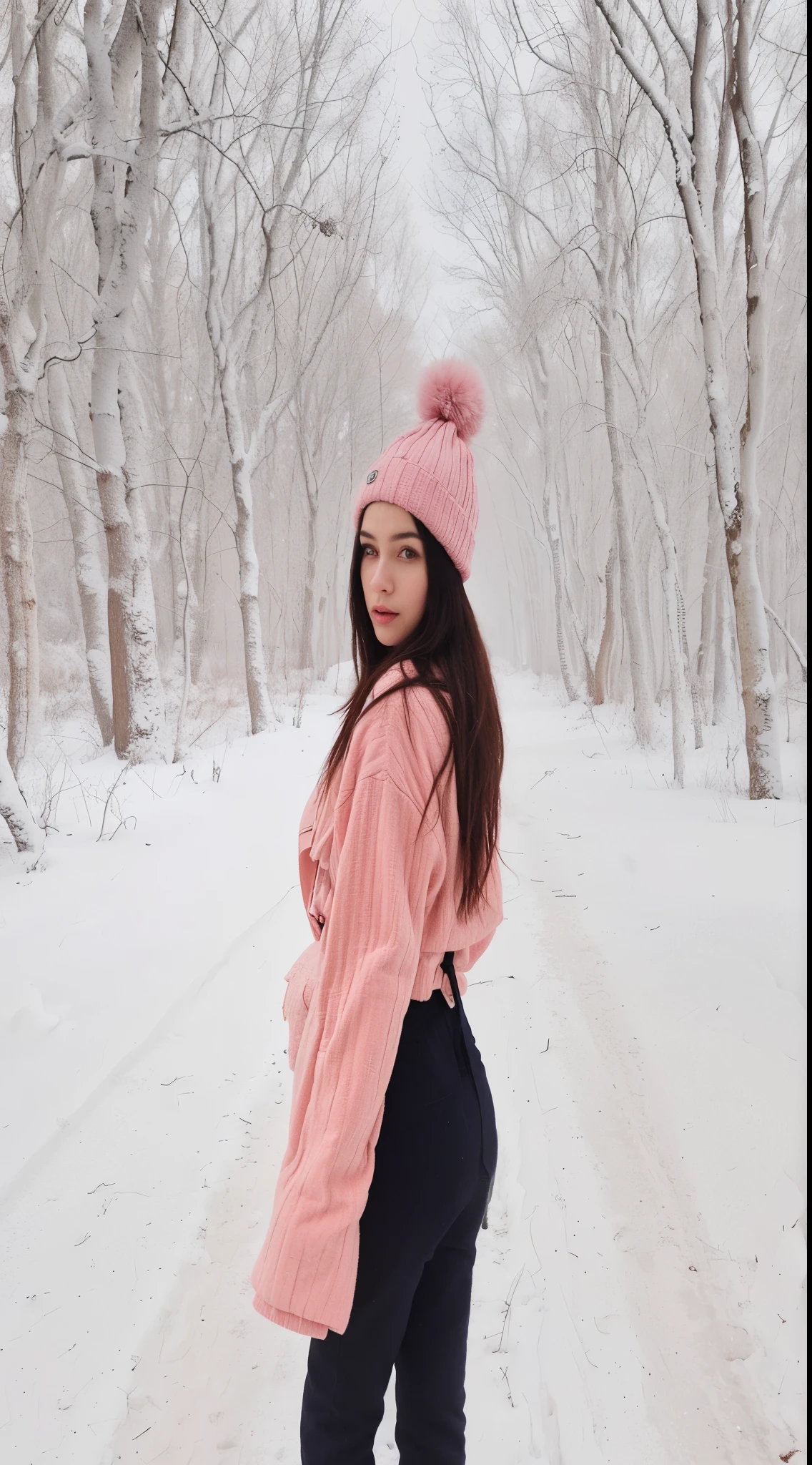 a woman standing In the snow wearing a pink hat and jacket, In the Rose Forest, In the snow, cold as ! 🧊, Winter vibes, The style of Yulia Razumova, only snow in the background, In the snow, It's cold, but beautiful, pink girl, standing In the snow, wintertime, anna nikonova aka newmilky, covered In the snow