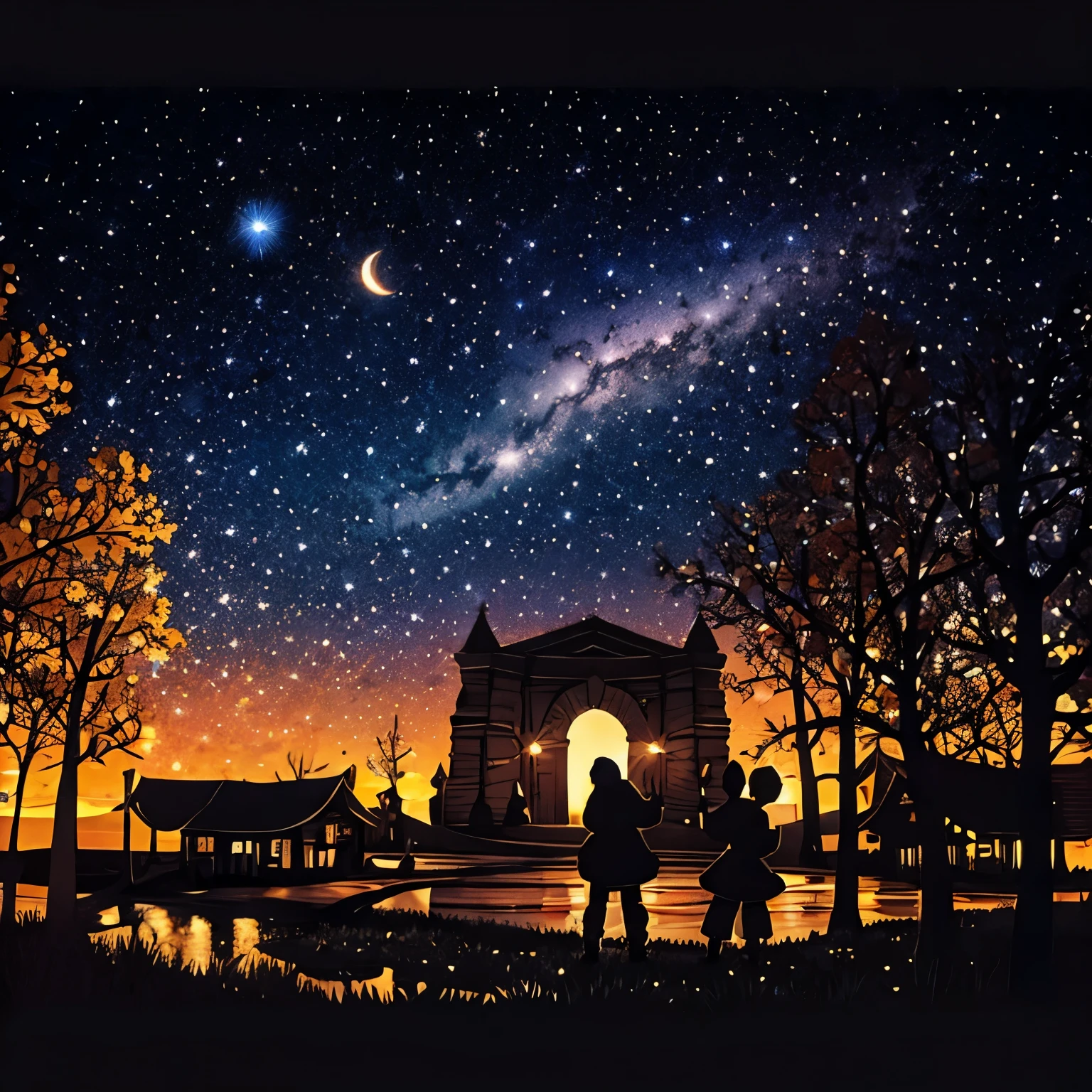 finest image, backshot, children waving goodbye to Santa, starry sky, dark shadow-like works