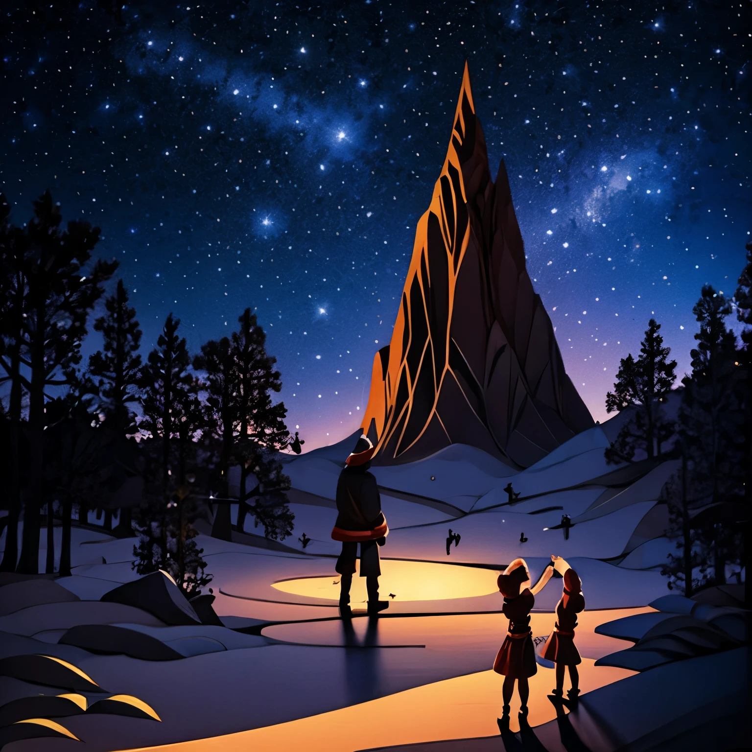 finest image, backshot, children waving goodbye to Santa, starry sky, dark shadow-like works