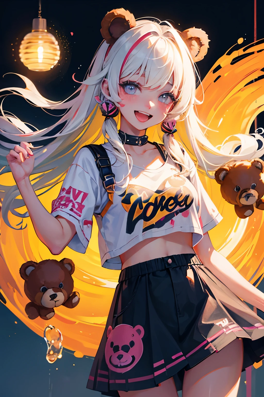 (illustratio:1.3)Teddy bear with girl smiling with open mouth,Painted with multicolored inks,Punk style,Innocent, bear ears ,Radiant,Delicate,high-level image quality,Honey is dripping