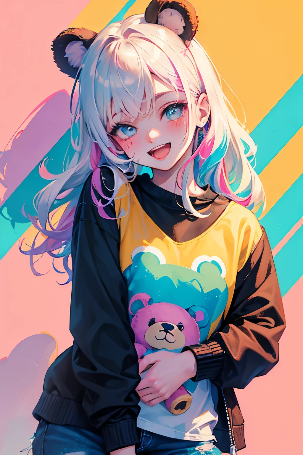 (illustratio:1.3)Teddy bear with girl smiling with open mouth,Painted with multicolored inks,Punk style,Innocent, bear ears ,Radiant,Delicate,high-level image quality,Honey is dripping