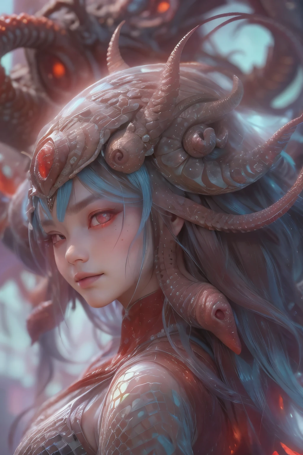 Portrait, (beautiful female alien:1.2),  (There is a female genital-like organ in the middle of the forehead:1.8), (The most beautiful face in the history of the universe:1.2), (scarlet eyes:1.6), (Translucent skin:1.8), an evil gaze that seduces , (red eyes:1.5), Full body like, (sexypose:1.5), alien, No humans, cells are fused, (Lots of translucent tentacles:1.1) (Translucent skin:1.3), extraterrestrial, cell, bio image, 魅惑的, Best Quality, 8K,4K_quality, high definition, Dramatic Lighting, masutepiece:1.5,cinematic quality, detail up, (Intricate details:1.2), high resolution, High Definition, drawing faithfully, (Thick eyebrows:1.2), Beautiful eyes with fine symmetry, (Ultra detailed eyes:1.2),(Highly detailed face and eyes:1.2), (High-resolution red-eye:1.4), Intimate face, (Super detailed skin quality feeling:1.4), Perfect Anatomy,  (Beautiful toned body:1.5),  (Moist skin:1.2), No makeup, (dark circles:1.1), long canines, cinematic drawing of characters, ultra high quality model, cinematic quality, detail up, (Intricate details:1.2), high resolution, High Definition, drawing faithfully, Official art, Unity 8K wall  , 8K Portrait, Best Quality, Very high resolution, ultra detailed artistic photography, midnight aura,  unreal engine 5, Ultra Sharp Focus, art by alberto seveso, ArtGerm, Roisch, intricate artwork, Medusa, best quality, masterpiece, ultra high resolution, (photos realistic：1.4), Ultra-realistic realism, dream-like,  nautilus, Creation of fantasy, Snail, Dream Snail,  biopunk nautilus, thrilling color schemes， Ultra-realistic realism， seductively smiling, blue tentacles