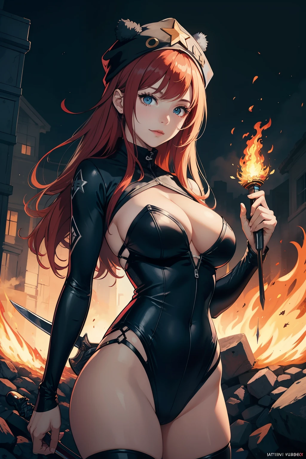 1个Giant Breast Girl, redheadwear, blue color eyes, The sword,  Fire, Sideways cold smile cool victory star anime game corner lind box toy style, 8k, super detail, UHD