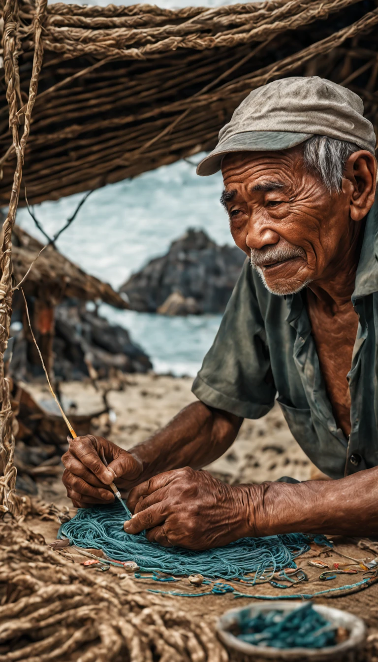 A cinematic surrealism picture of the bitter smile of an elderly Indonesian fisherman with detailed wrinkles on his face embroidering a sea fishing net patch at his simple hut near the shore, insanely detailed and intricate background tranquil beach scene with some other characters and objects, a masterpiece cinematic photo realistic illustration of color comic maestro Don Lawrence, super detailed, high resolution, full vibrant color, volumetric lighting, octane render, octane lighting