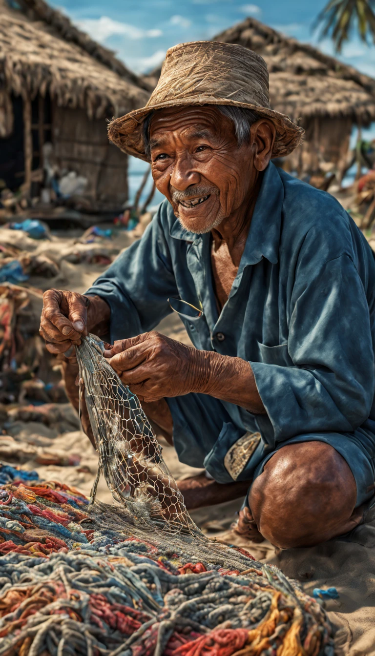 A cinematic surrealism picture of the bitter smile of an elderly Indonesian fisherman with detailed wrinkles on his face embroidering a sea fishing net patch at his simple hut near the shore, insanely detailed and intricate background tranquil beach scene with some other characters and objects, a masterpiece cinematic photo realistic illustration of color comic maestro Don Lawrence, super detailed, high resolution, full vibrant color, volumetric lighting, octane render, octane lighting