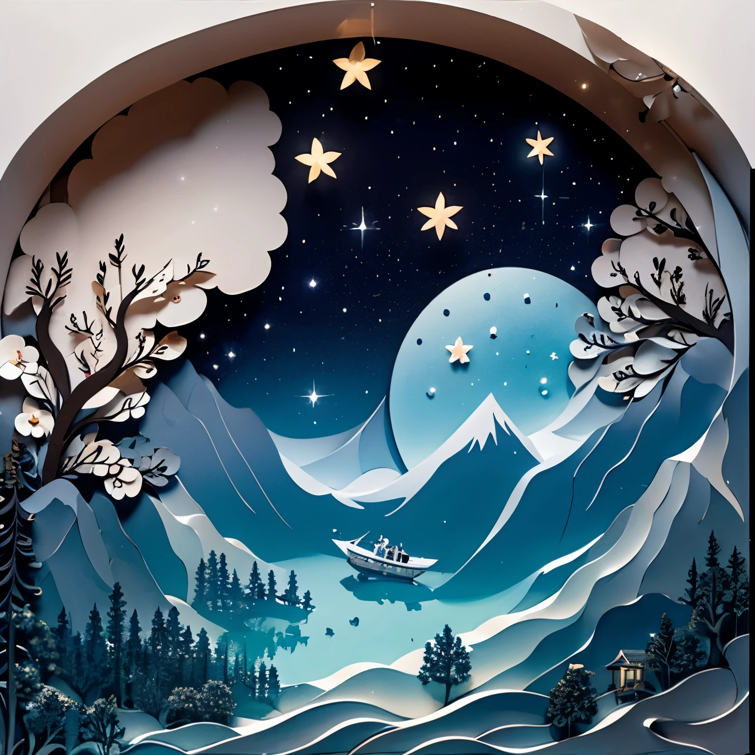 finest image, backshot, children waving goodbye to Santa, starry sky, dark shadow-like works