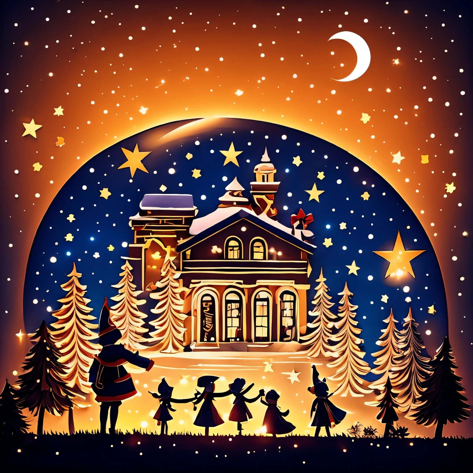 finest image, backshot, children waving goodbye to Santa, starry sky, dark shadow-like works