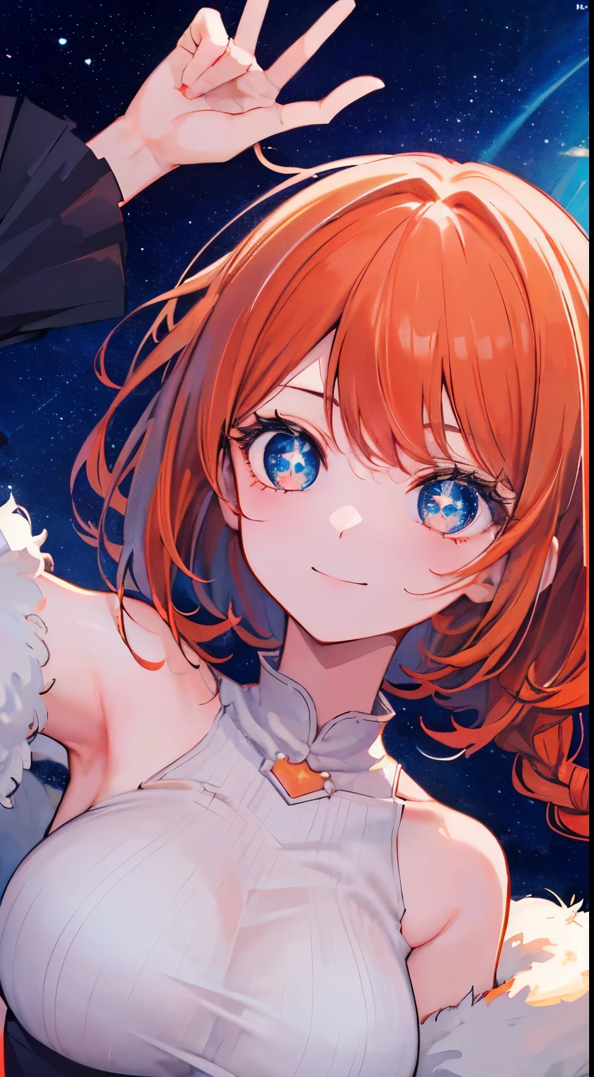 18 year old beautiful girl, blue big eyes,  Petite and slender、slightly large breast, ((scarlet orange hair,)),(Loose fluffy short braided hair), in 8K, of the highest quality, (Highly detailed head: 1.0), (Very detailed face: 1.0), (very detail hair: 1.0),(Starry Sky Dress)、sexy tattoo, Detailed official artwork, anime moe art style, clean detailed anime art, Cool smile