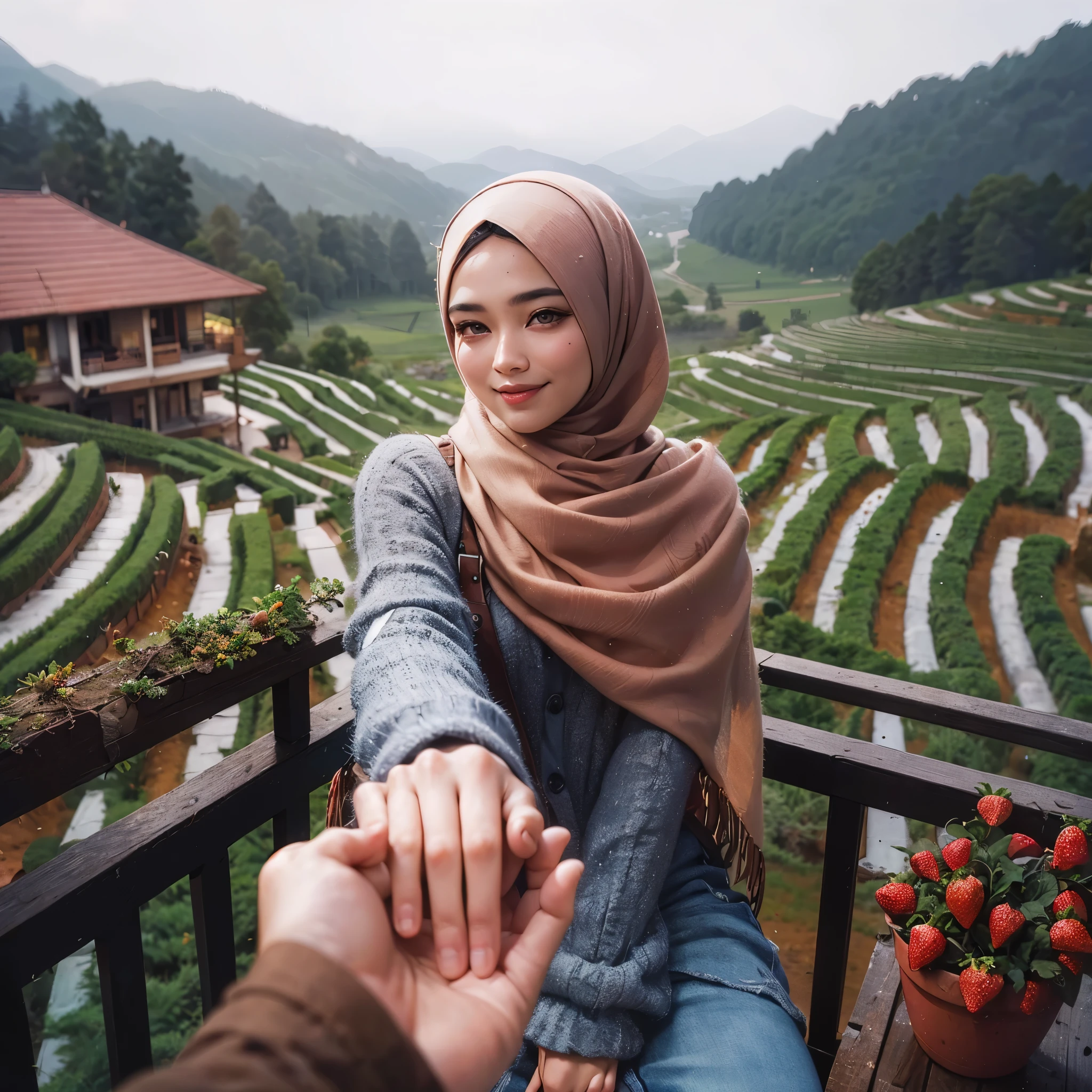 araffe woman with large breast in hijab holding hands with a man in a pink shirt, hijab, malaysian, inspired by Naza, attractive girl, beautiful girlfriend, cute woman, with beautiful colors, muslim, couple, perfect expression, lovely smile, 👁🌹👾, with a beautifull smile, with kind face, beautifully, dramatic smile pose intricate, beautiful image, shy smilem, strawberry fruit, masterpiece, best quality:1.2),,(8k,highres,RAW photo,realistic,photo-realistic:1.3),(detailed skin texture,detailed cloth texture,beautiful detailed face:1.25),professional lighting,photon mapping,beautiful soft light,radiosity,physically-based rendering,raytracing, model shoot style, model shoot style, (extremely detailed CG unity 8k wallpaper), full shot body photo of the most beautiful artwork in the world,