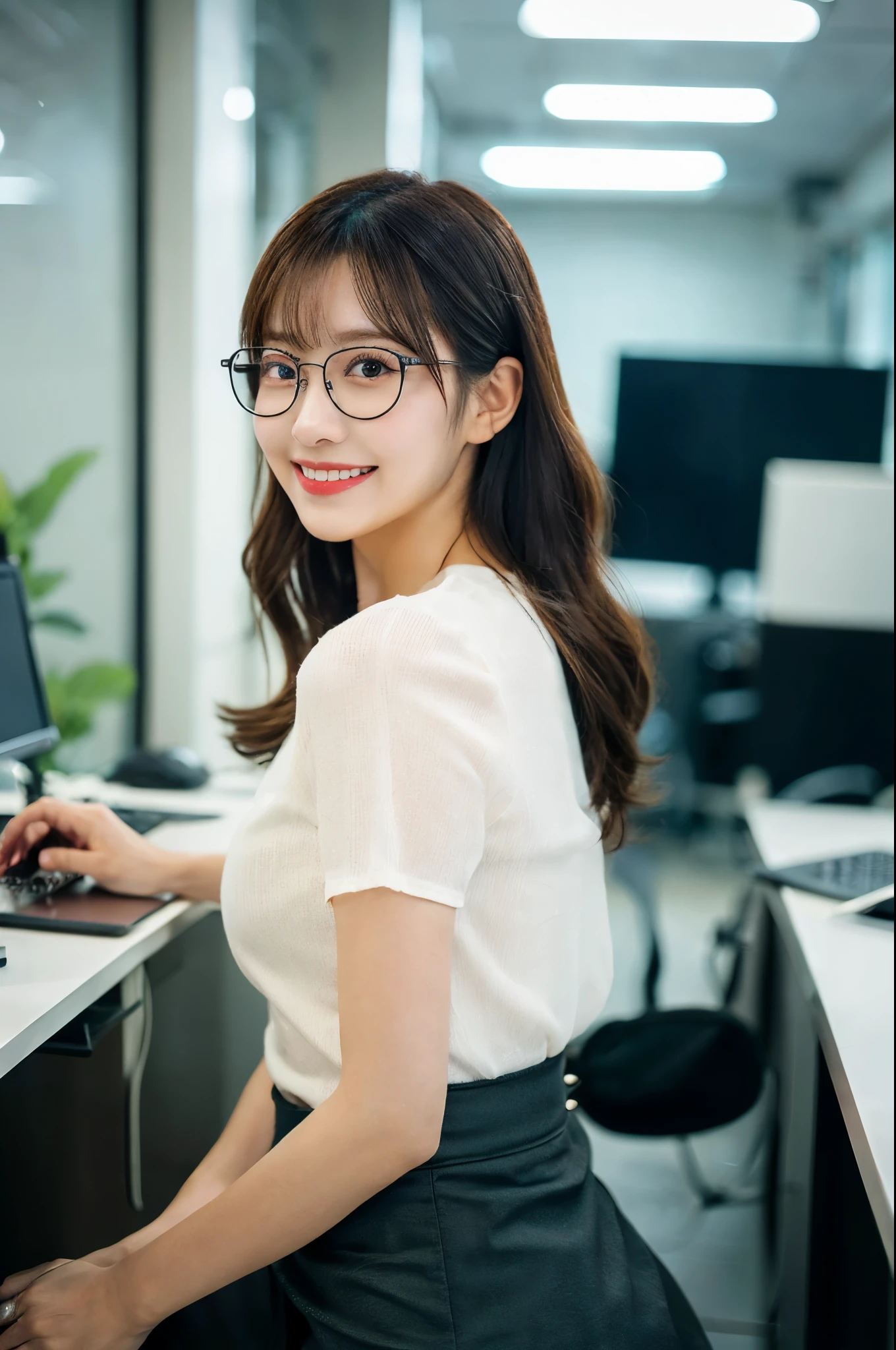 ulzzang -6500-v1.1, (Raw photo:1.2), (Photorealsitic), (See-through:1.3), (Real:1.4), ((FULL BODYSHOT:1.6)), １Girl in glasses、22year old、game_nffsw,  Black glasses(eye detailed), (Very affectionate smile:1.2)、I keep my hair up and short、 (wearing a silk blouse:1.3), (Ultra-realistic pantyhose:1.2), (flered skirt:1.2), sitting in the office and working at the desk、make - up、huge filesize, hight resolution, ighly detailed, top-quality, [​masterpiece:1.6], illustratio, ighly detailed, nffsw, finely detail, top-quality, 8k wallpaper, Cinematographic lighting, cute droopy eyes beautiful big eyes、Pieckfinger, ((masutepiece)), Best Quality, 1girl in, eye shadow, realistic skin textures、shinny skin、Exposed thighs!!! ,  Colorful, Vivid colors,