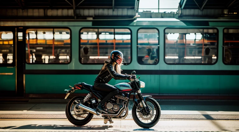 1 girl, motorcycle, punk, railway station, smoke, high-detail,HDR,8k resolution, bestquality,