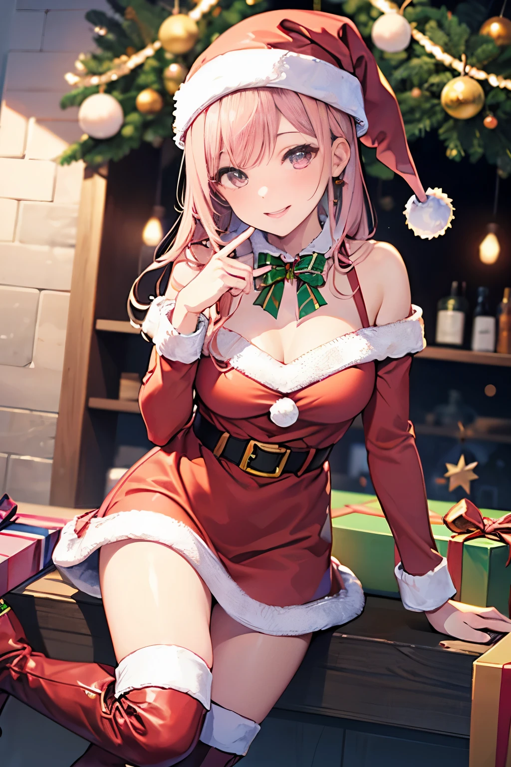 top-quality、Full limbs、complete fingers、Slender beauty、ssmile、knee high、Wear long boots、Christmas 、Sexy Santa、Too much skin exposure、PINK Underwear、Party Venue