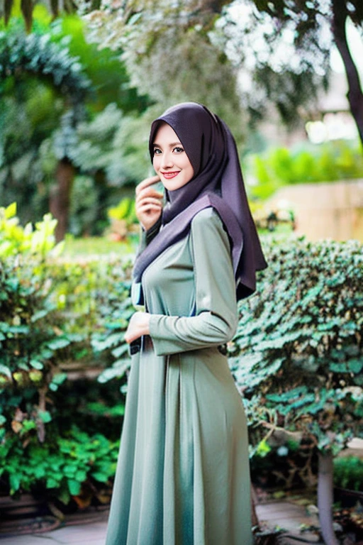 A young Indonesian woman, 25 years old, with a petite figure, smiling face, is walking in Jakarta, She is wearing modest and loose-fitting clothing, such as a green long dress with motives. The lighting in the scene is the best, creating a glamorous and enchanting atmosphere. The photography style is focused on portrait photography, capturing the beauty and elegance of the woman.