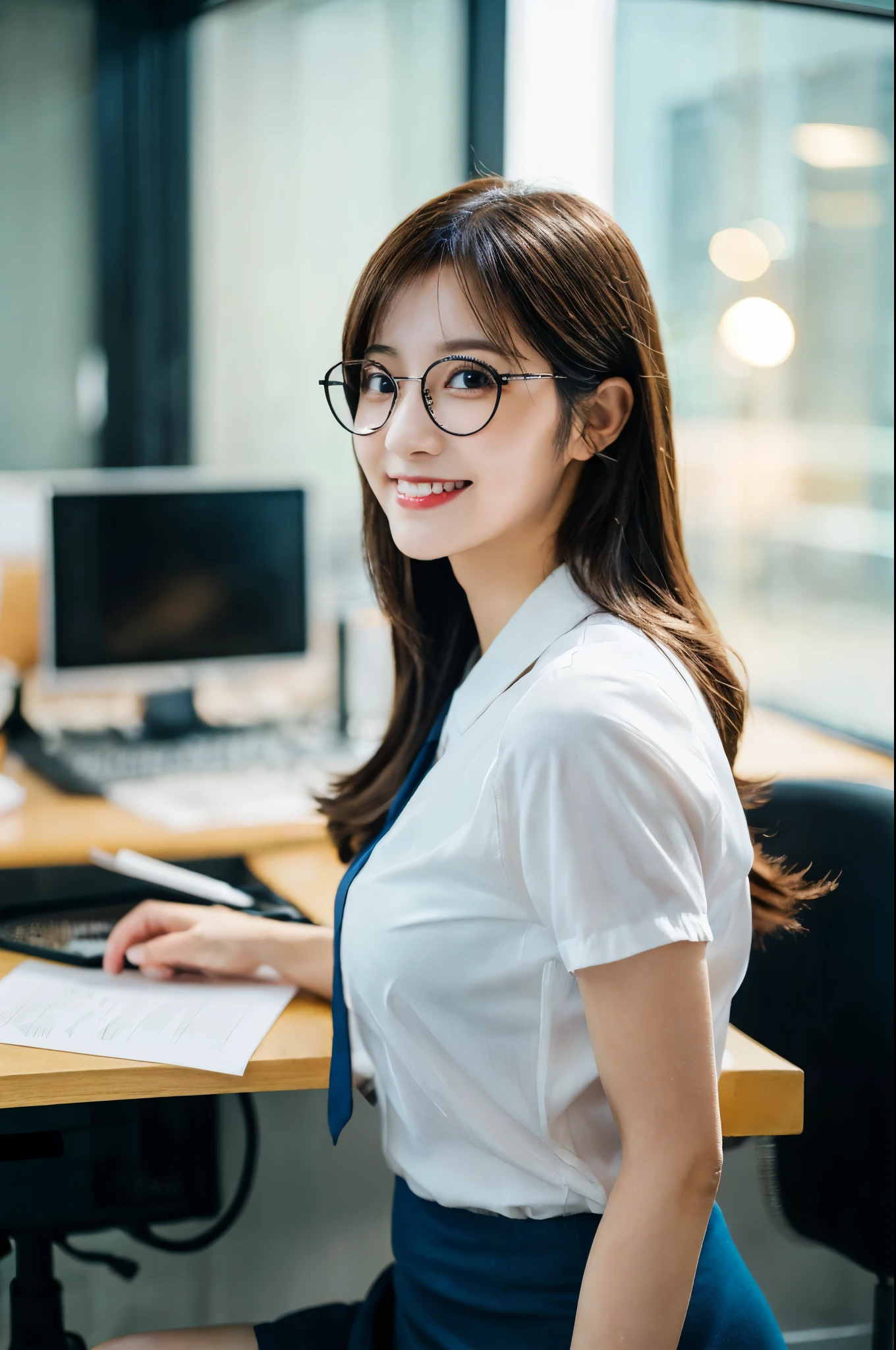 ulzzang -6500-v1.1, (Raw photo:1.2), (Photorealsitic), (See-through:1.3), (Real:1.4), ((FULL BODYSHOT:1.6)), １Girl in glasses、22year old、game_nffsw,  Black glasses(eye detailed), (Very affectionate smile:1.2)、I keep my hair up and short、 (wearing a silk blouse:1.3), (Ultra-realistic pantyhose:1.2), (flered skirt:1.2), sitting in the office and working at the desk、make - up、huge filesize, hight resolution, ighly detailed, top-quality, [​masterpiece:1.6], illustratio, ighly detailed, nffsw, finely detail, top-quality, 8k wallpaper, Cinematographic lighting, cute droopy eyes beautiful big eyes、Pieckfinger, ((masutepiece)), Best Quality, 1girl in, eye shadow, realistic skin textures、shinny skin、Exposed thighs!!! ,  Colorful, Vivid colors,