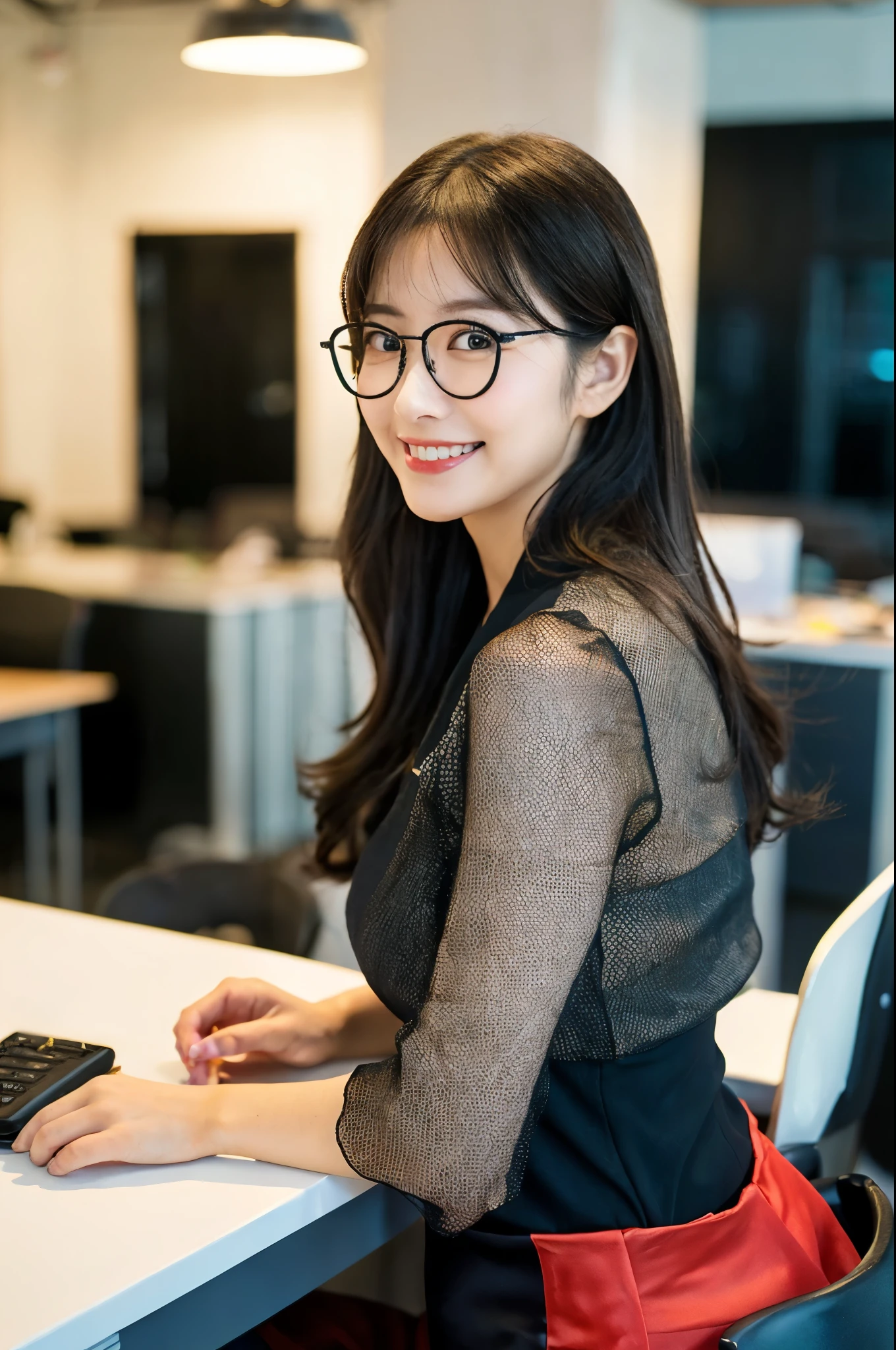 ulzzang -6500-v1.1, (Raw photo:1.2), (Photorealsitic), (See-through:1.3), (Real:1.4), ((FULL BODYSHOT:1.6)), １Girl in glasses、22year old、game_nffsw,  Black glasses(eye detailed), (Very affectionate smile:1.2)、I keep my hair up and short、 (wearing a silk blouse:1.3), (Ultra-realistic pantyhose:1.2), (flered skirt:1.2), sitting in the office and working at the desk、make - up、huge filesize, hight resolution, ighly detailed, top-quality, [​masterpiece:1.6], illustratio, ighly detailed, nffsw, finely detail, top-quality, 8k wallpaper, Cinematographic lighting, cute droopy eyes beautiful big eyes、Pieckfinger, ((masutepiece)), Best Quality, 1girl in, eye shadow, realistic skin textures、shinny skin、Exposed thighs!!! ,  Colorful, Vivid colors,