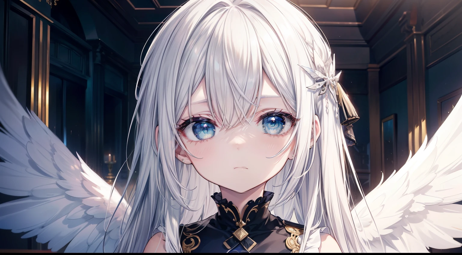 (masutepiece, Best Quality), Intricate details, 8K, Sharp focus quality) (Detailed skin:1.3) (Intricate details) (8K) (Detailed eyes) (Anime) 、Man's character, Soft hair, Long hair, (White hair), Light green eyes,(((male child))、 Man's, Anime Man's, frontage, 素敵なMan's子, Perfect face, Detailed eyes, Bold background, Detailed accessories, Unique costumes, Sharp eyes, Man's, A young man, Idol, bright colour, pale skin, (angelicales)、(angelicalesの光輪)、((2枚のangelicalesの羽)) Defined features, Model,  Symbolism, Comfortable clothing, Dark room, Cluttered room, Indoors, Detailed background, Bold colors, bold outline, Sharp face, Nighttime, Night, Pose, Handsome, sleepy, Tired, drooing eyes