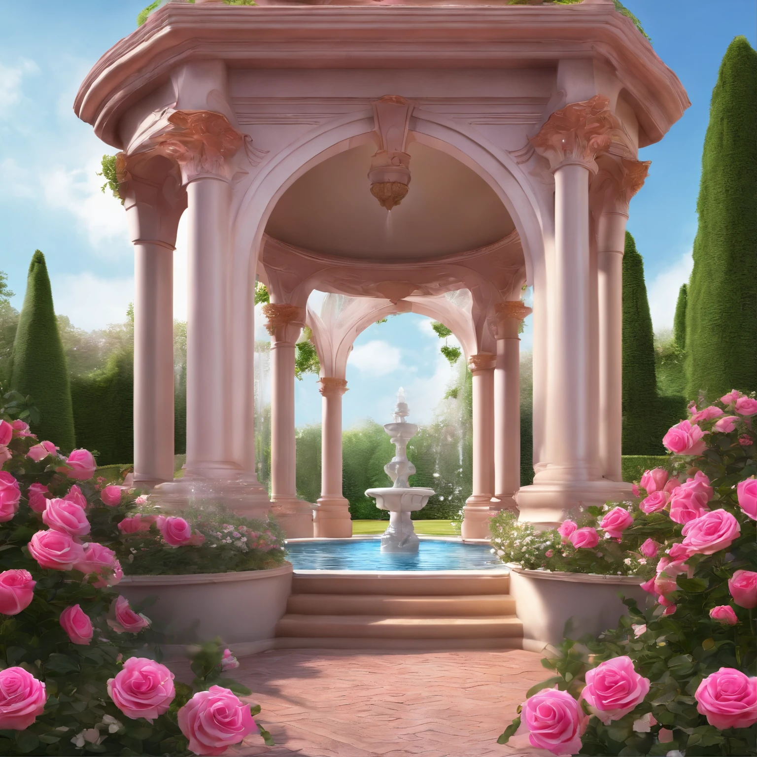 There is a garden，There are fountains and flowers, Portal made of pink roses, Romantic art style,landscape artwork, A beautiful artistic illustration, Fountains and arches, royal garden background, pink rose garden, , beautiful artist rendering,
