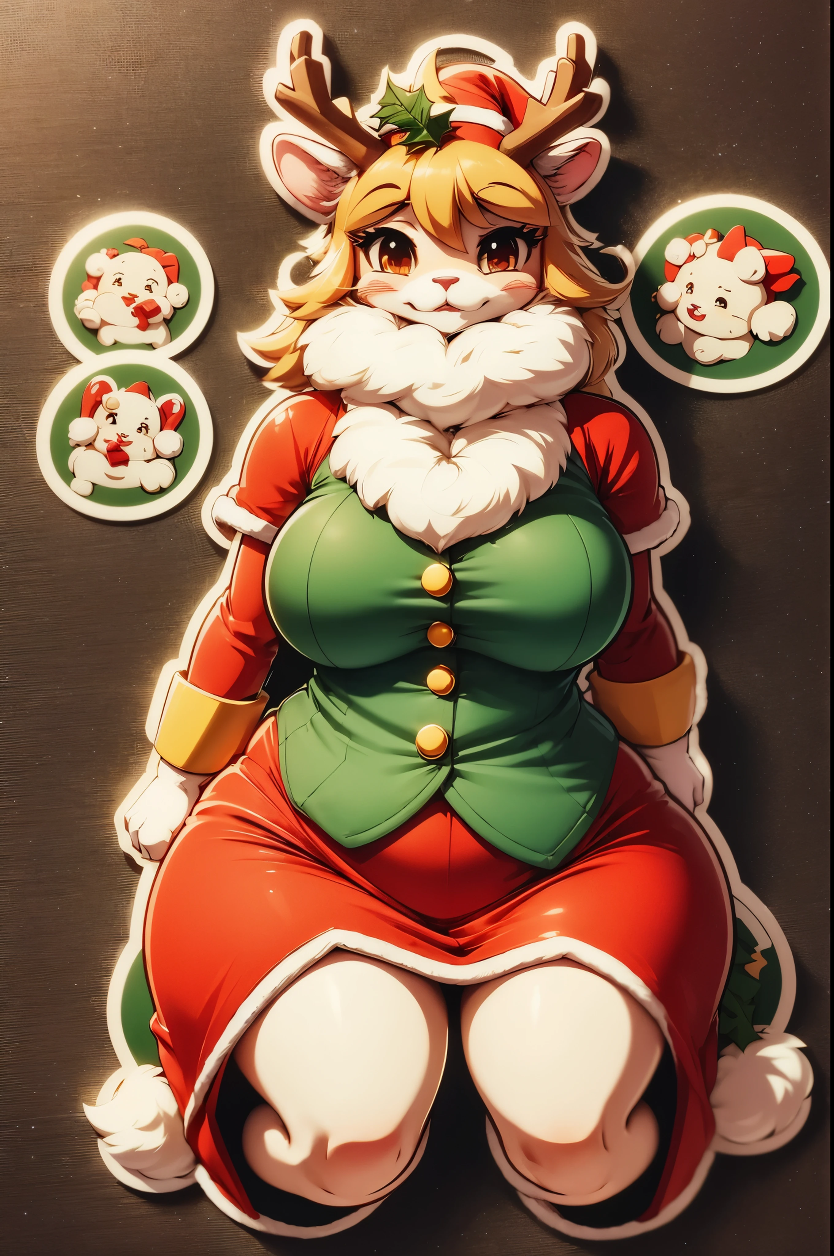 best quality,4k,8k,highres,masterpiece:1.2,ultra-detailed,cartoon sticker,furry,reindeer girl,Santy costume,sticker,Christmas,simple background