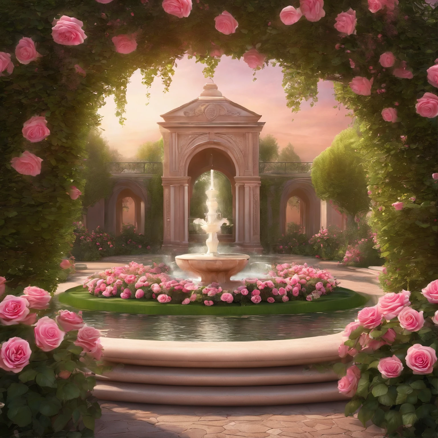 There is a garden,There are fountains and flowers, Portal made of pink roses, Romantic art style,landscape artwork, A beautiful artistic illustration, Fountains and arches, royal garden background, pink rose garden, , beautiful artist rendering,