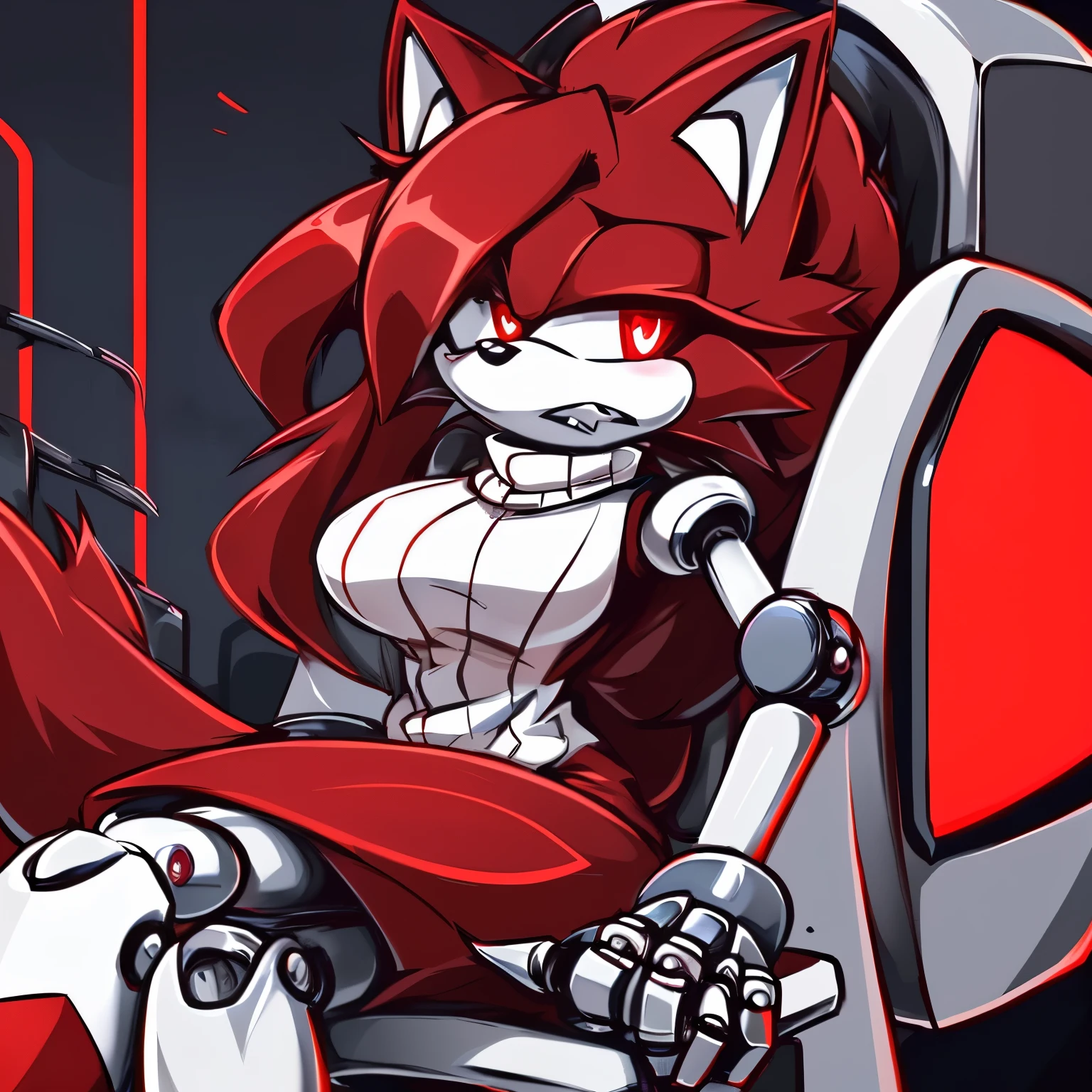 Female, Mobian, Fox, (((2D Anime Style))), (solo), (1girl), high quality digital art, red and black neon lines sketch art, black cloudy background, a dark crimson furred female anthropomorphic Fox, has glowing red eyes, (((dark crimson fur))), (((VERY long and wavy dark crimson hair))), (large and long hair bangs), wispy lines, purple turtleneck sweater dress, white pants, average sized breasts, sitting on a metal chair with each hand cuffed to an armrest, ((right robot leg)), ((left robot arm)), ((right metal sonic styled eye)), (((mechanical machinery surrounding fox))), (((mechanical arms slowly changing fox to a robot))), panicked/painful expression, trying to show resistance to the machinery