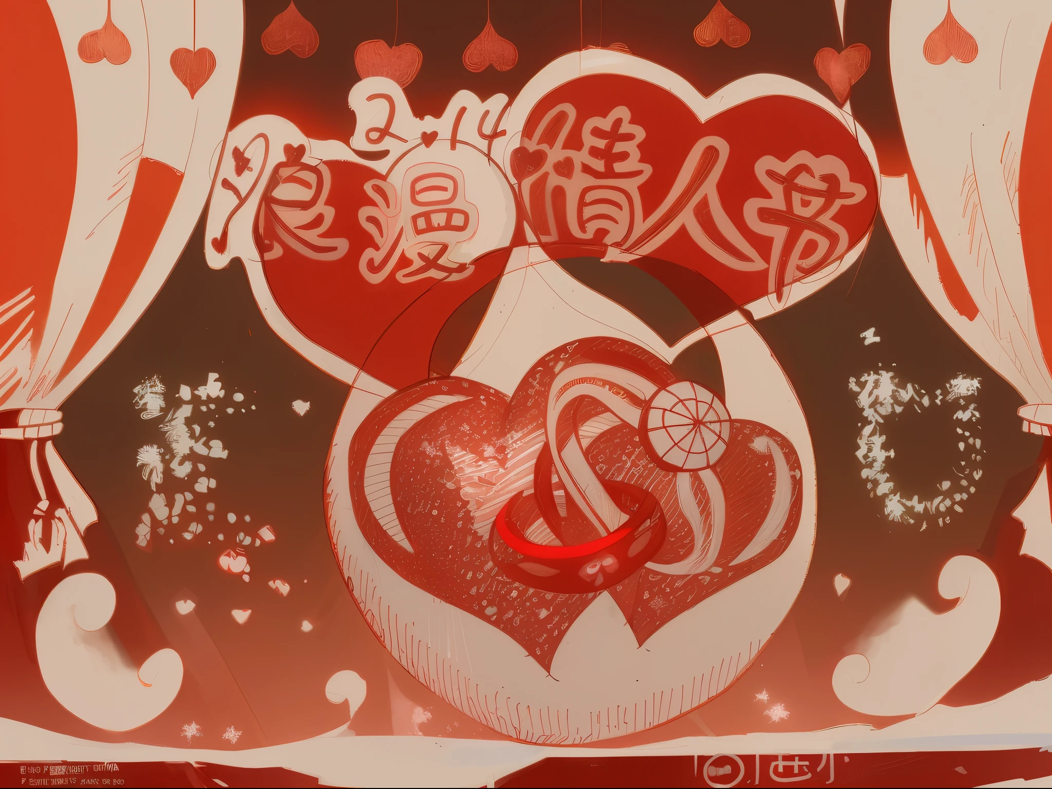 Holiday poster,Graphic design。contain love、 and snow、sparkler、Romantic elements。The main color of the whole picture is red。No characters appear in the picture。high high quality,4K。