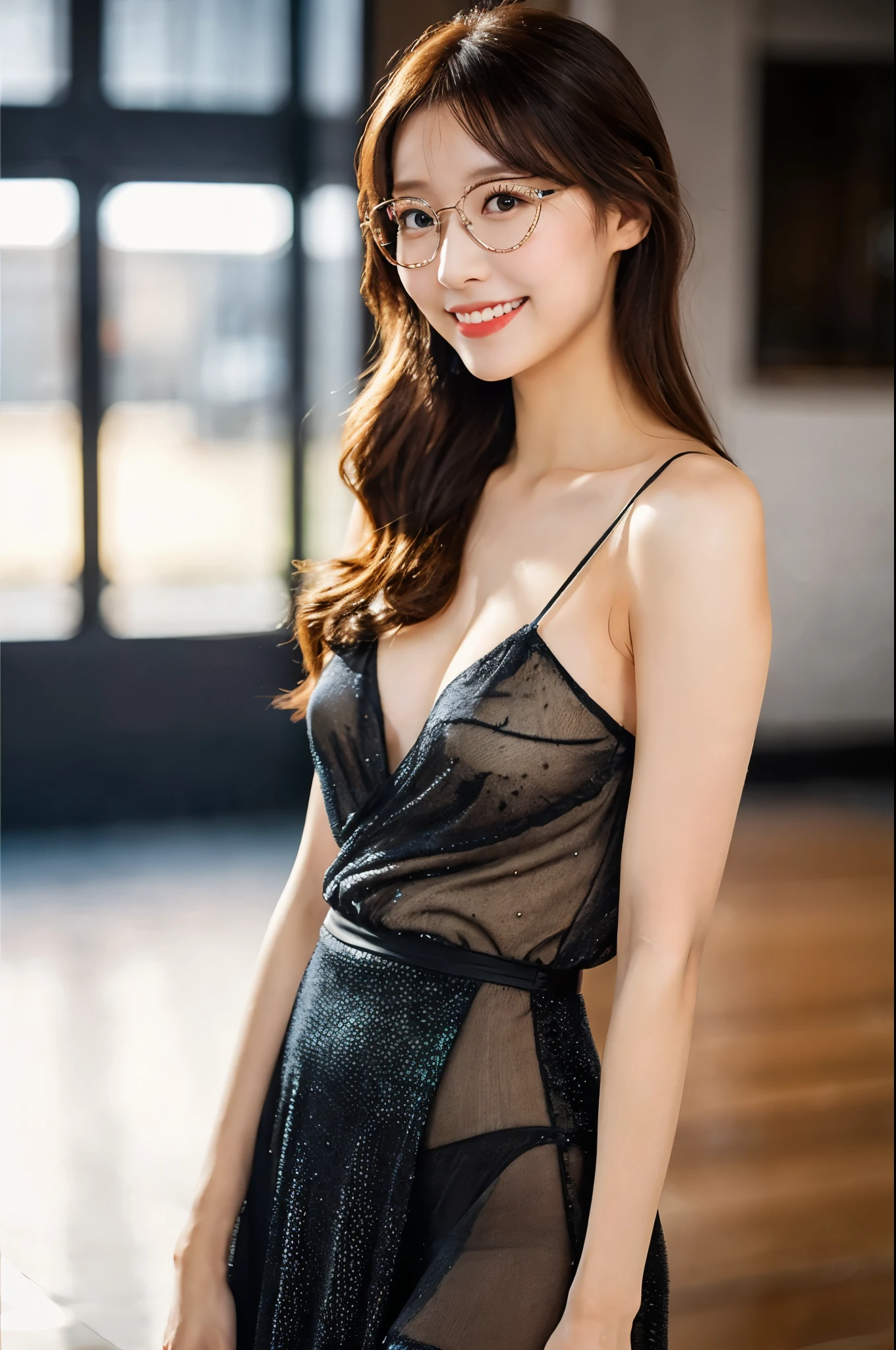 ulzzang -6500-v1.1, (Raw photo:1.2), (Photorealsitic), (See-through:1.3), (Real:1.4), ((FULL BODYSHOT:1.6)), １Girl in glasses、22year old、game_nffsw,  dark glasses(eye detailed), (elegant long dress:1.3),  (Ultra-realistic pantyhose:1.2),  Turn around at the party venue、(Very affectionate smile:1.2)、huge filesize, hight resolution, ighly detailed, top-quality, [​masterpiece:1.6], illustratio, ighly detailed, nffsw, finely detail, top-quality, 8k wallpaper, Cinematographic lighting, cute droopy eyes beautiful big eyes、Pieckfinger, ((masutepiece)), Best Quality, 1girl in, eye shadow, realistic skin textures、shinny skin、Exposed thighs!!! , make - up、