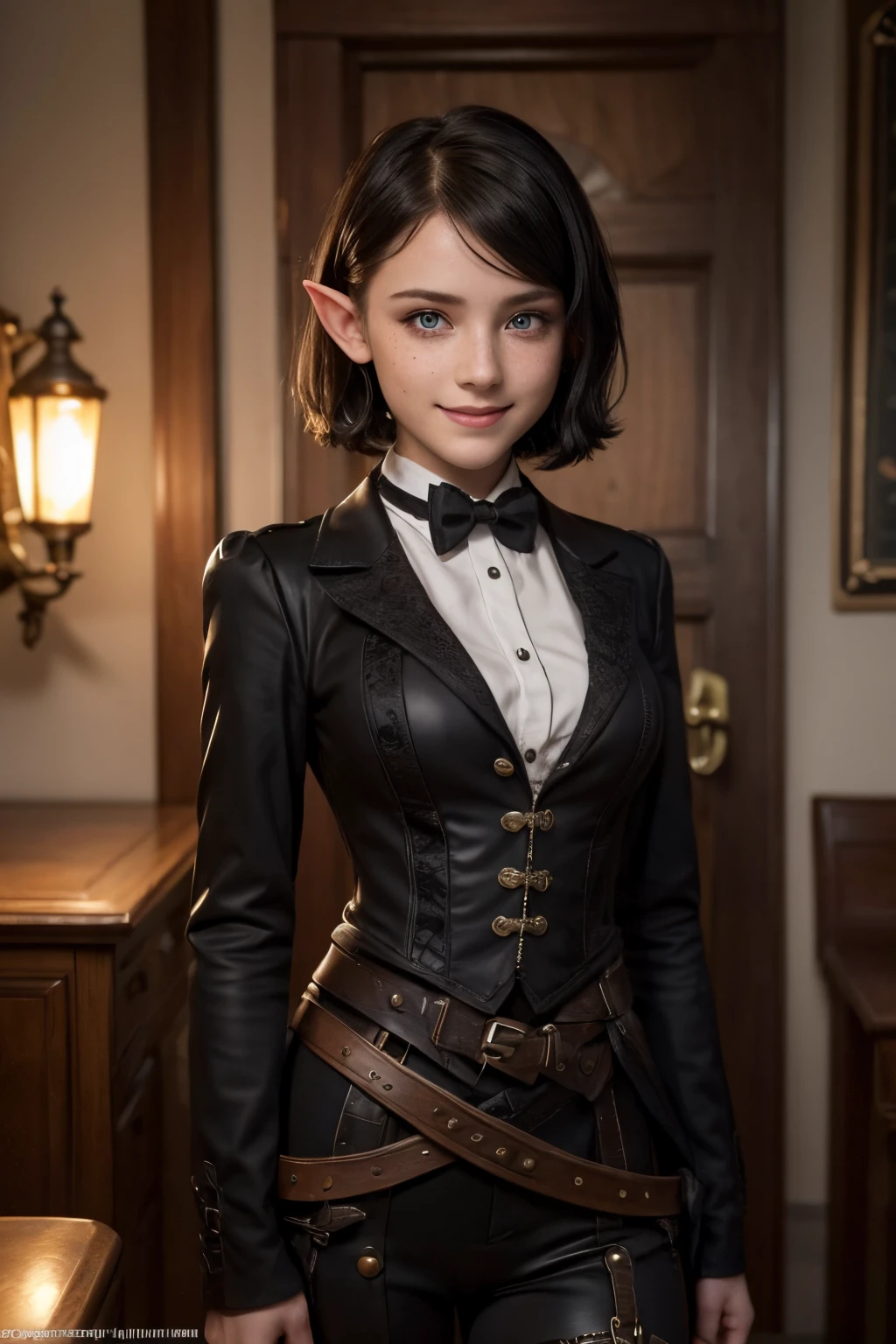 (Dark Academy Style), (1Short Elf girl, Russian model face, Cute, beautiful, Slutry smile, freckles), (Short black hair), Wearing formal steampunk clothes, (Looking at POV)