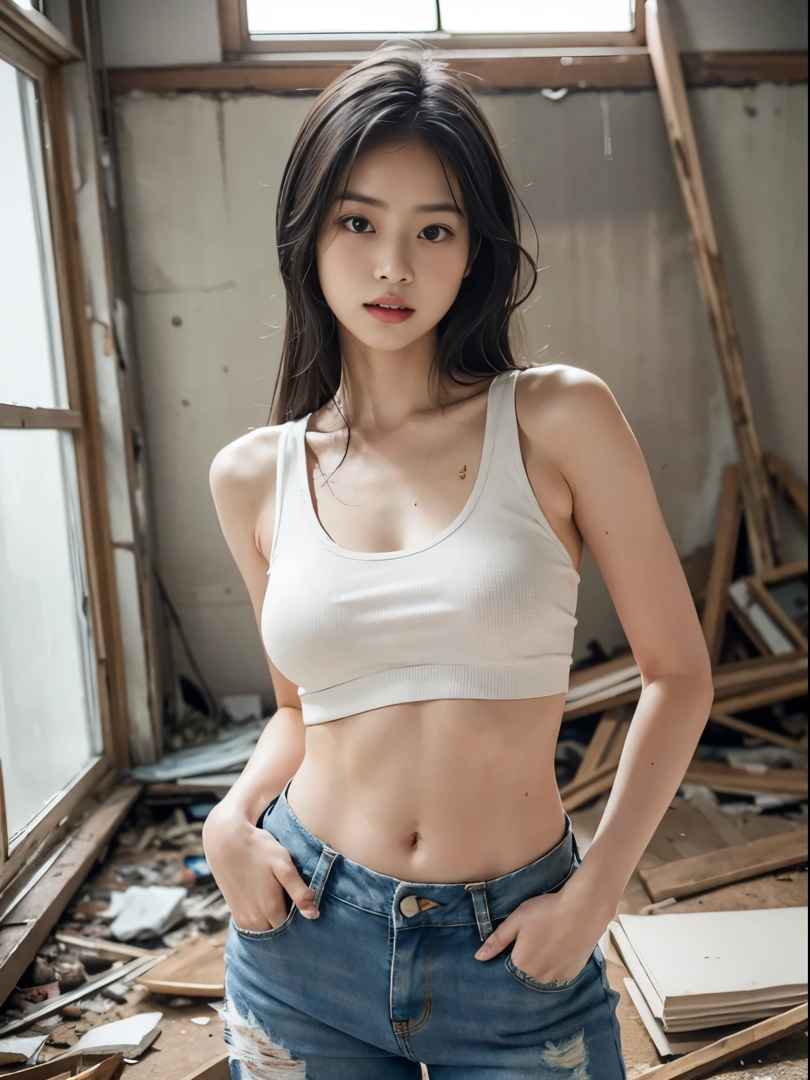 raw photo, 8k, (top-quality), Realistic, (real picture, Intricate details), (natural skin texture, detailed skin, hyper realism, sharpness), (Japanese college girl standing in an abandoned apartment building, hands in pockets), ((white tight tank top, Distressed denim pants, low rise baggy pants)), Fair skin, sweaty skin, ((shiny hair, center parted hairstyle)), (seductive face, Parted lips), navel exposed, Room being demolished, dusty room, cracked wall, Messy floor, Pile of rubble:1.3, broken window, cracked Window glass, Hard lighting:1.3, sunset light, Full body shot