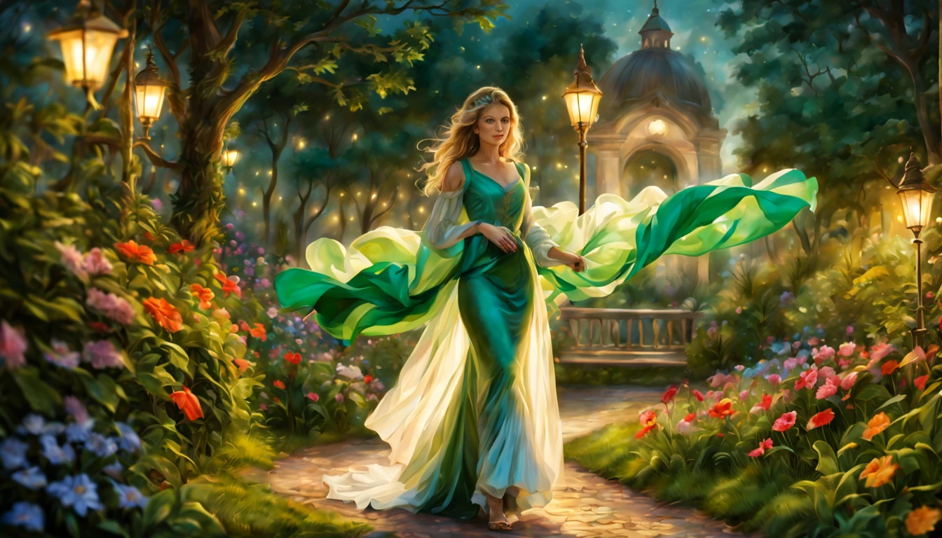 1 girl "Michelle Pfeifer com vestido Verde Esmeralda longo", pintura: Uma encantadora obra de arte representando uma garota vestindo seda, a view of a path with a path leading to a garden with trees and flowers, Jardim encantado, fantasy gorgeous lighting, paisagem natural noturna, enchanted magical fantasy forest, Wonderland at night, very magical and dreamy, caminho, Lovely lighting, magical ambiance, paisagem lindamente iluminada, foto muito bonita, magic lighting, belo jardim, papel de parede bonito, magical ambiance