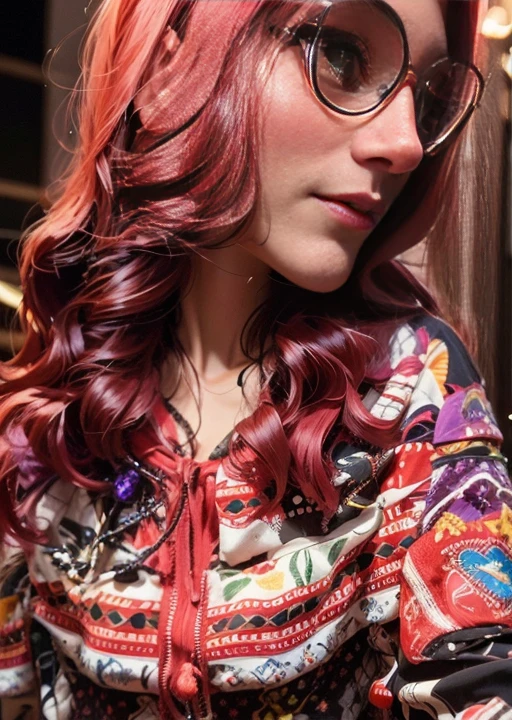 puffy woman in glasses and colorful shirt looking at her cell phone, Destaques carmesim, Destaques vermelhos, blood and dark Destaques vermelhos, com cabelos ruivos cacheados, cabelos cacheados vermelhos, pink and Cor vermelha style, cabelos cacheados vermelhos, with few fire Destaques vermelhos, red and purple coloring, cabelo carmesim, Cor vermelhaed, deep red roots, Cor vermelha, com cabelos avermelhados escuros