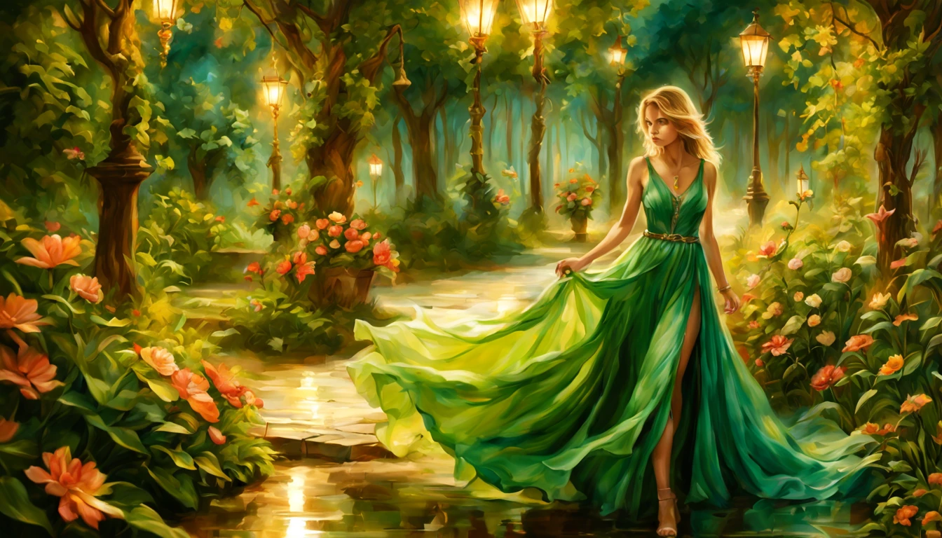 1 girl "Michelle Pfeifer com vestido Verde Esmeralda longo", pintura: Uma encantadora obra de arte representando uma garota vestindo seda, a view of a path with a path leading to a garden with trees and flowers, Jardim encantado, fantasy gorgeous lighting, paisagem natural noturna, enchanted magical fantasy forest, Wonderland at night, very magical and dreamy, caminho, Lovely lighting, magical ambiance, paisagem lindamente iluminada, foto muito bonita, magic lighting, belo jardim, papel de parede bonito, magical ambiance