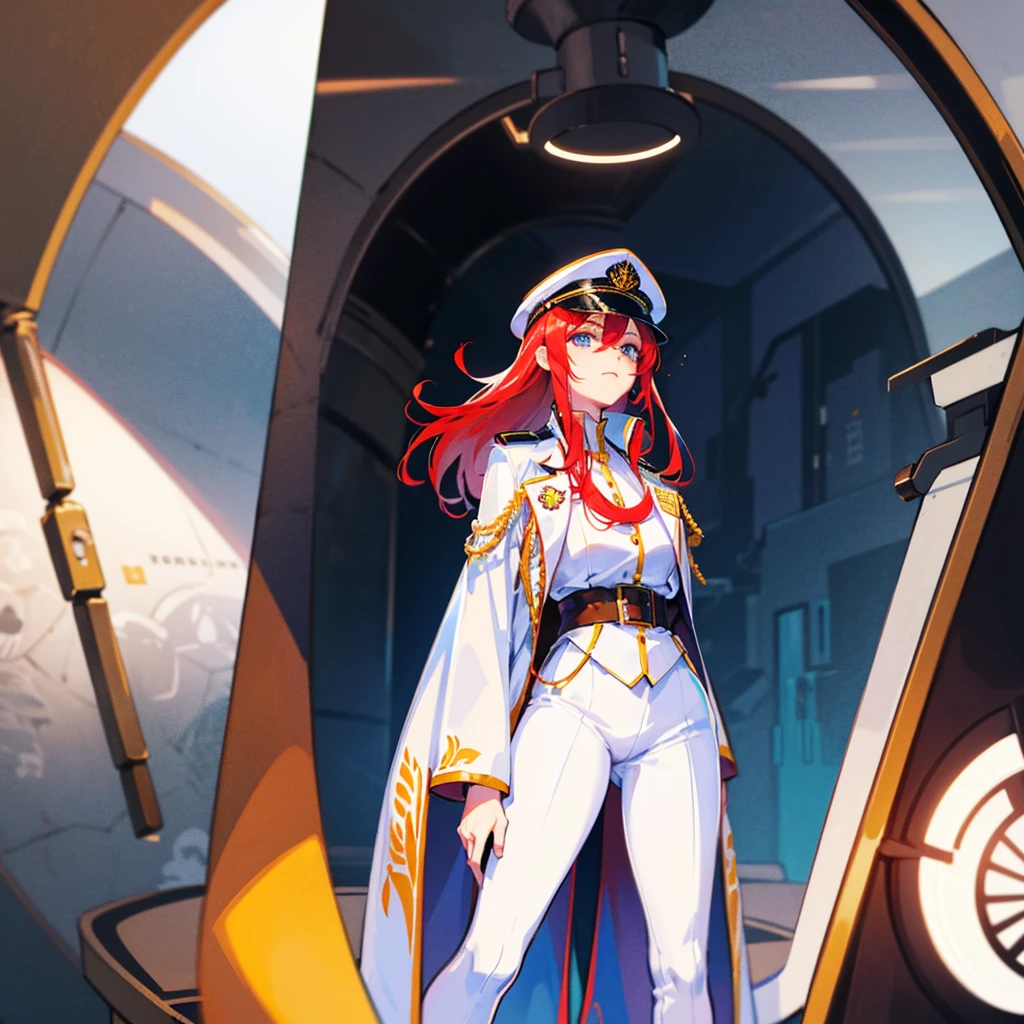 (((masterpiece)))、(((Top image quality)))、(((top-quality)))、(Illustration of one woman)、30-years old、(Viceroy)、((Red-haired shorthair))、(Thin hair hanging down both sides of the face)、Blue eyes、((Tall))、((Muscle Woman、stocky build、muscular legs、broad shoulders、solid chest))、((Military uniforms))、((Military Cap))、((Military coat))、(white clothes)、(White pants)、(White cap)、trench coat、((Inside the spaceship))