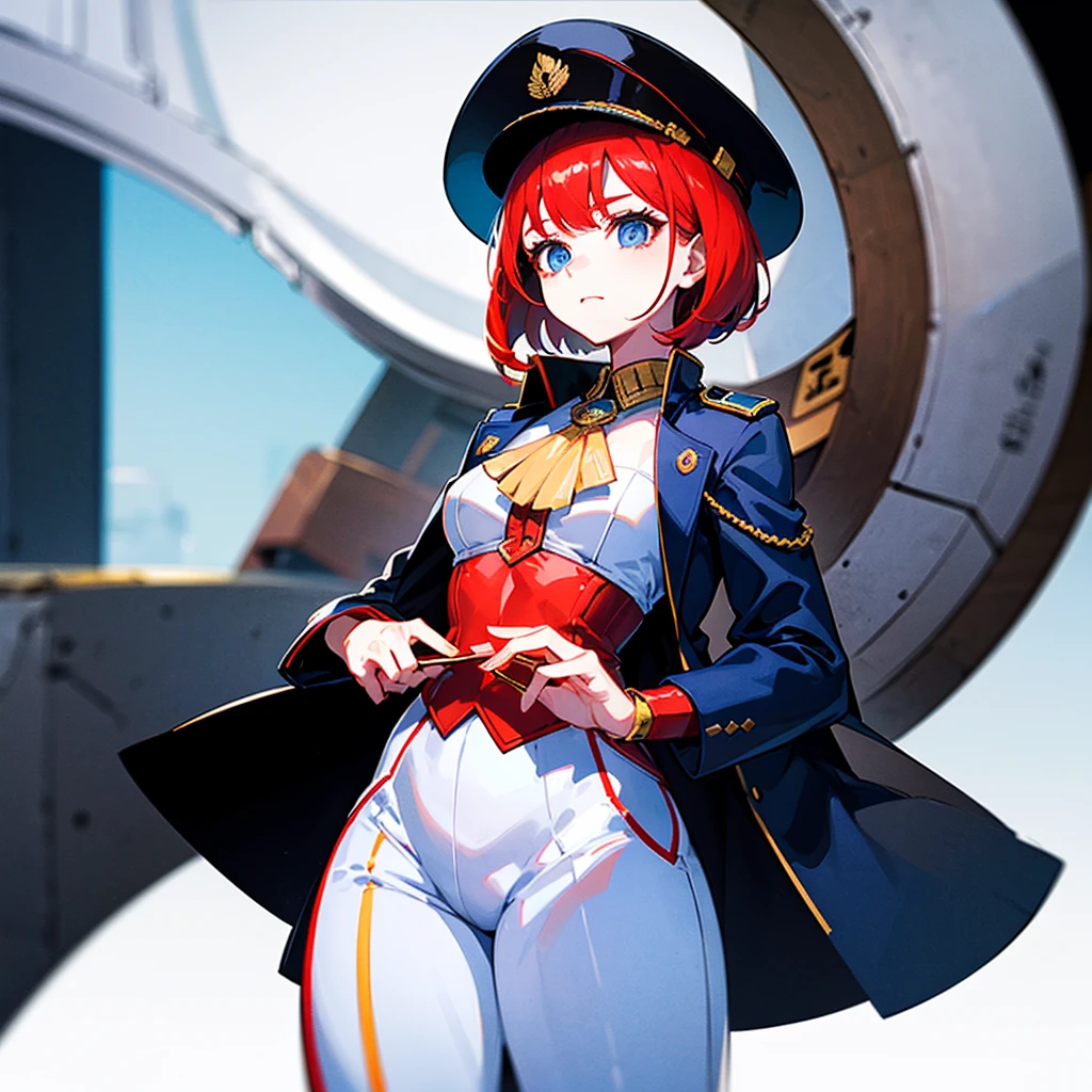(((masterpiece)))、(((Top image quality)))、(((top-quality)))、(Illustration of one woman)、30-years old、(Viceroy)、((Red-haired shorthair))、(Thin hair hanging down both sides of the face)、Blue eyes、((Tall))、((Muscle Woman、stocky build、muscular legs、broad shoulders、solid chest))、((Military uniforms))、((Military Cap))、((Military coat))、(white clothes)、(White pants)、(White cap)、trench coat、((Inside the spaceship))