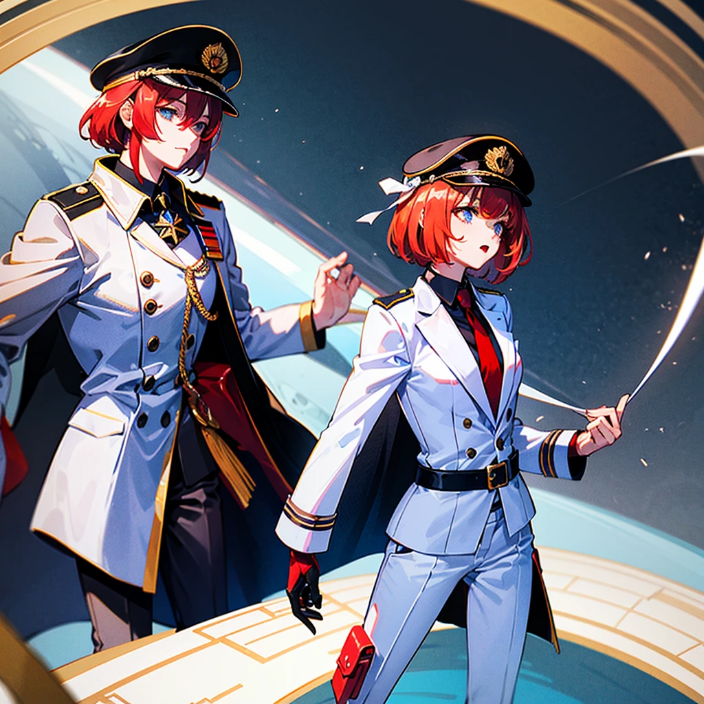 (((masterpiece)))、(((Top image quality)))、(((top-quality)))、(Illustration of one woman)、30-years old、(Viceroy)、((Red-haired shorthair))、(Thin hair hanging down both sides of the face)、Blue eyes、((Tall))、((Muscle Woman、stocky build、muscular legs、broad shoulders、solid chest))、((Military uniforms))、((Military Cap))、((Military coat))、(white clothes)、(White pants)、(White cap)、trench coat、((Inside the spaceship))