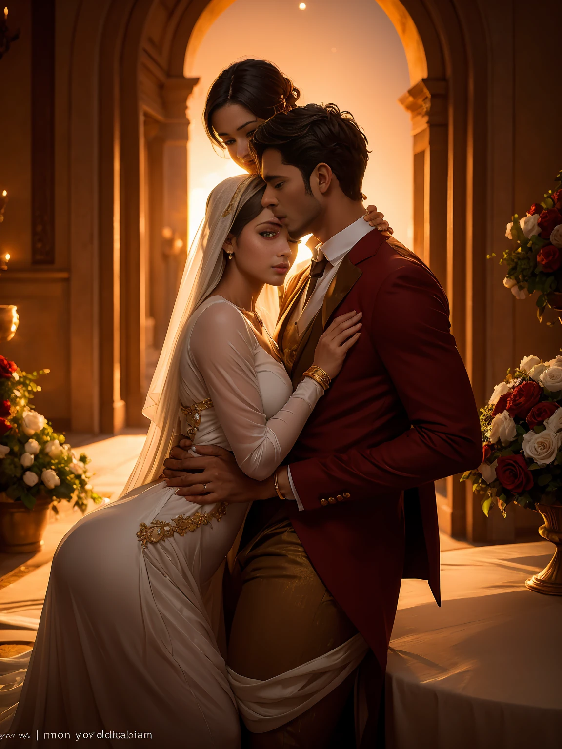 (best quality,ultra-detailed,realistic:1.37),Arabian Nights-inspired romantic villa with luxurious decor and a garden filled with roses. In the midst of it all, there is a tall and dignified young man embracing a cute girl with a look of happiness. Serene, with a crescent moon and galaxy shining in the night sky, the scene is set against a backdrop of a golden desert landscape. The ambiance is filled with a sense of lyrical poetry.