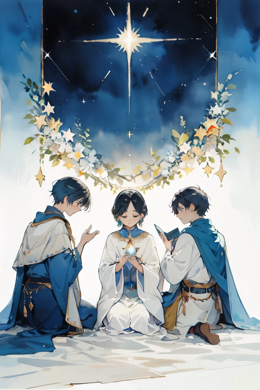 exceptional, best aesthetic, new, newest, best quality, masterpiece, extremely detailed), religious painting,night sky,star,star of bethlehem,magi,three wise men,watercolor painting,one star,No connection
