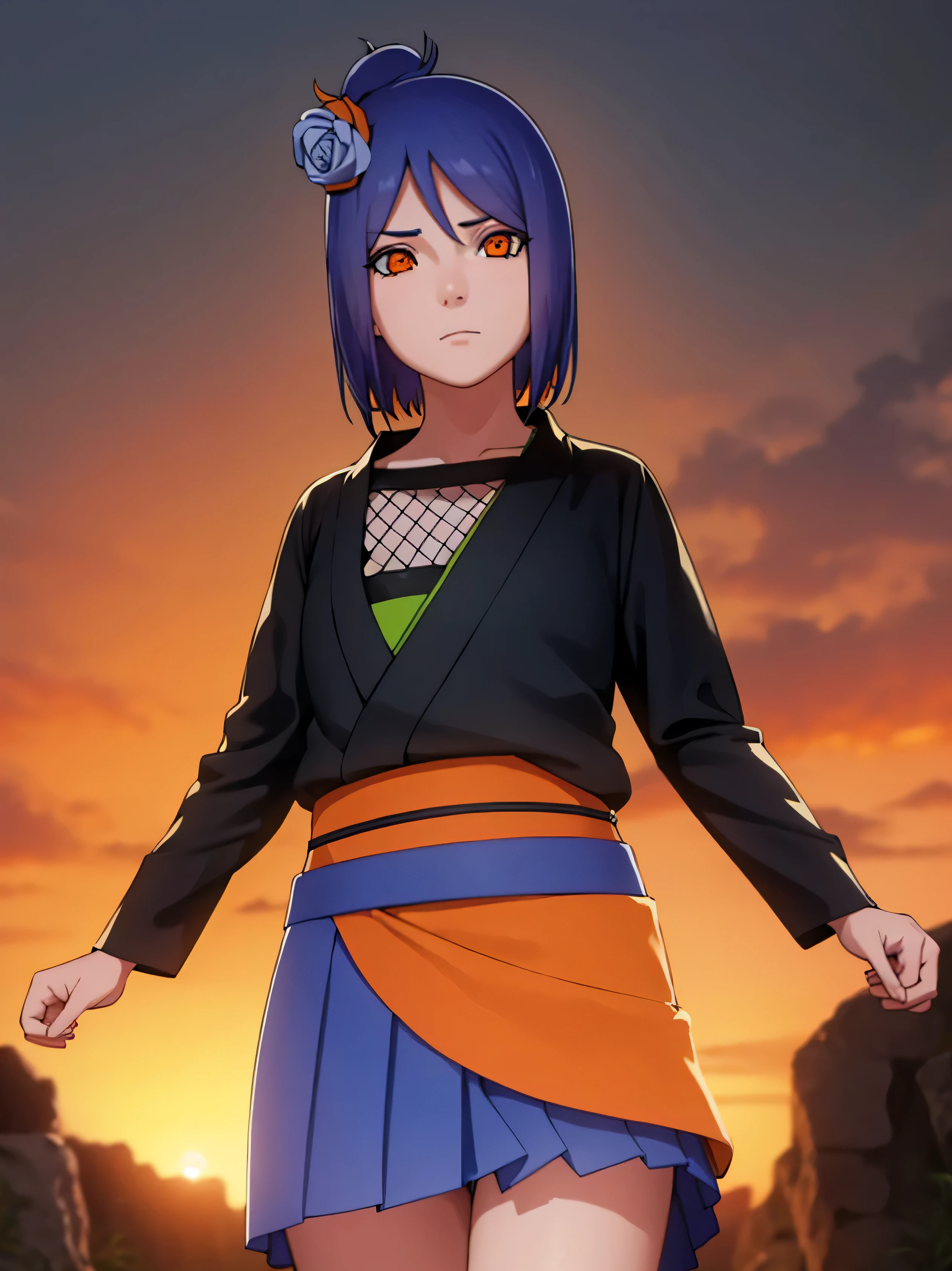 konan, konan, blue hair, (orange eyes:1.5), short hair, hair ornament, flower, hair flower,
BREAK fishnets, japanese clothes, skirt,
BREAK cowboy shot, looking at viewer,
BREAK outdoors,
BREAK (masterpiece:1.2), best quality, high resolution, unity 8k wallpaper, (illustration:0.8), (beautiful detailed eyes:1.6), extremely detailed face, perfect lighting, extremely detailed CG, (perfect hands, perfect anatomy),