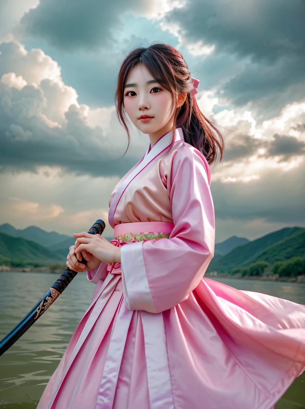 A beautiful korean girl in a pink hanbok with clouds, she is surrounded by lighting, water and wind, as holds a katana up to the camera man