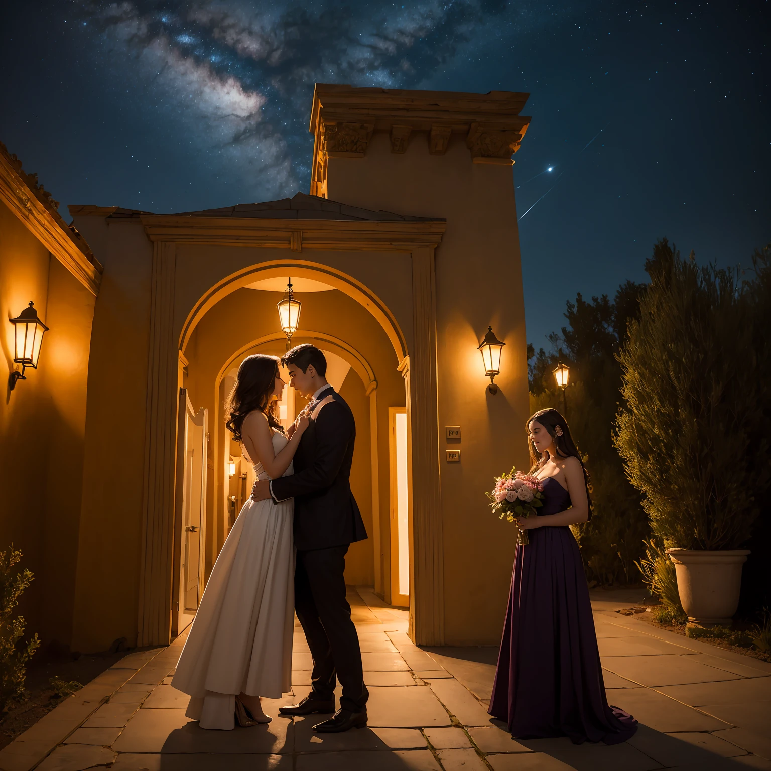 (best quality,ultra-detailed,realistic:1.37),Arabian Nights-inspired romantic villa with luxurious decor and a garden filled with roses. In the midst of it all, there is a tall and dignified young man embracing a cute girl with a look of happiness. Serene, with a crescent moon and galaxy shining in the night sky, the scene is set against a backdrop of a golden desert landscape. The ambiance is filled with a sense of lyrical poetry.