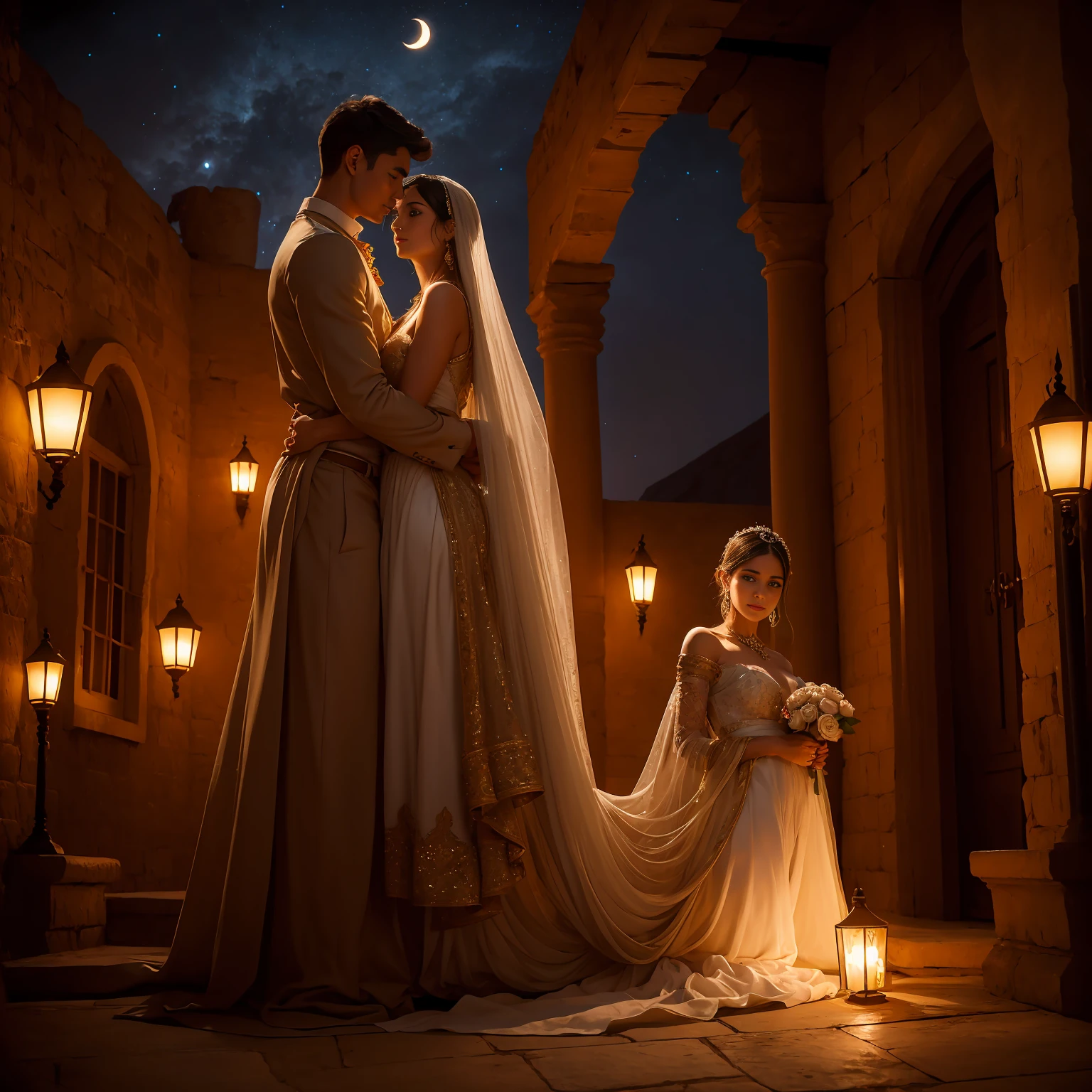 (best quality,ultra-detailed,realistic:1.37),Arabian Nights-inspired romantic villa with luxurious decor and a garden filled with roses. In the midst of it all, there is a tall and dignified young man embracing a cute girl with a look of happiness. Serene, with a crescent moon and galaxy shining in the night sky, the scene is set against a backdrop of a golden desert landscape. The ambiance is filled with a sense of lyrical poetry.