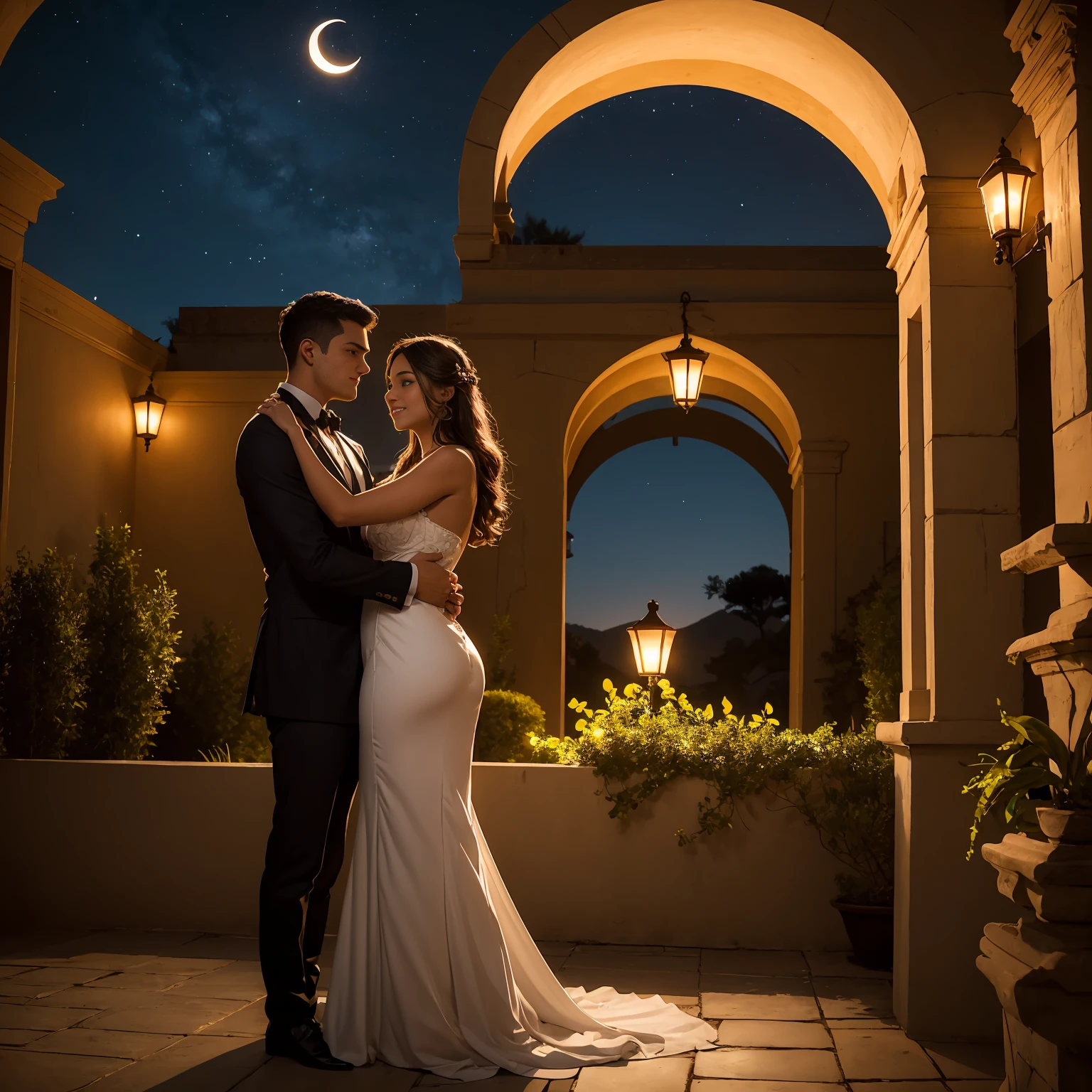 (best quality,ultra-detailed,realistic:1.37),Arabian Nights-inspired romantic villa with luxurious decor and a garden filled with roses. In the midst of it all, there is a tall and dignified young man embracing a cute girl with a look of happiness. Serene, with a crescent moon and galaxy shining in the night sky, the scene is set against a backdrop of a golden desert landscape. The ambiance is filled with a sense of lyrical poetry.