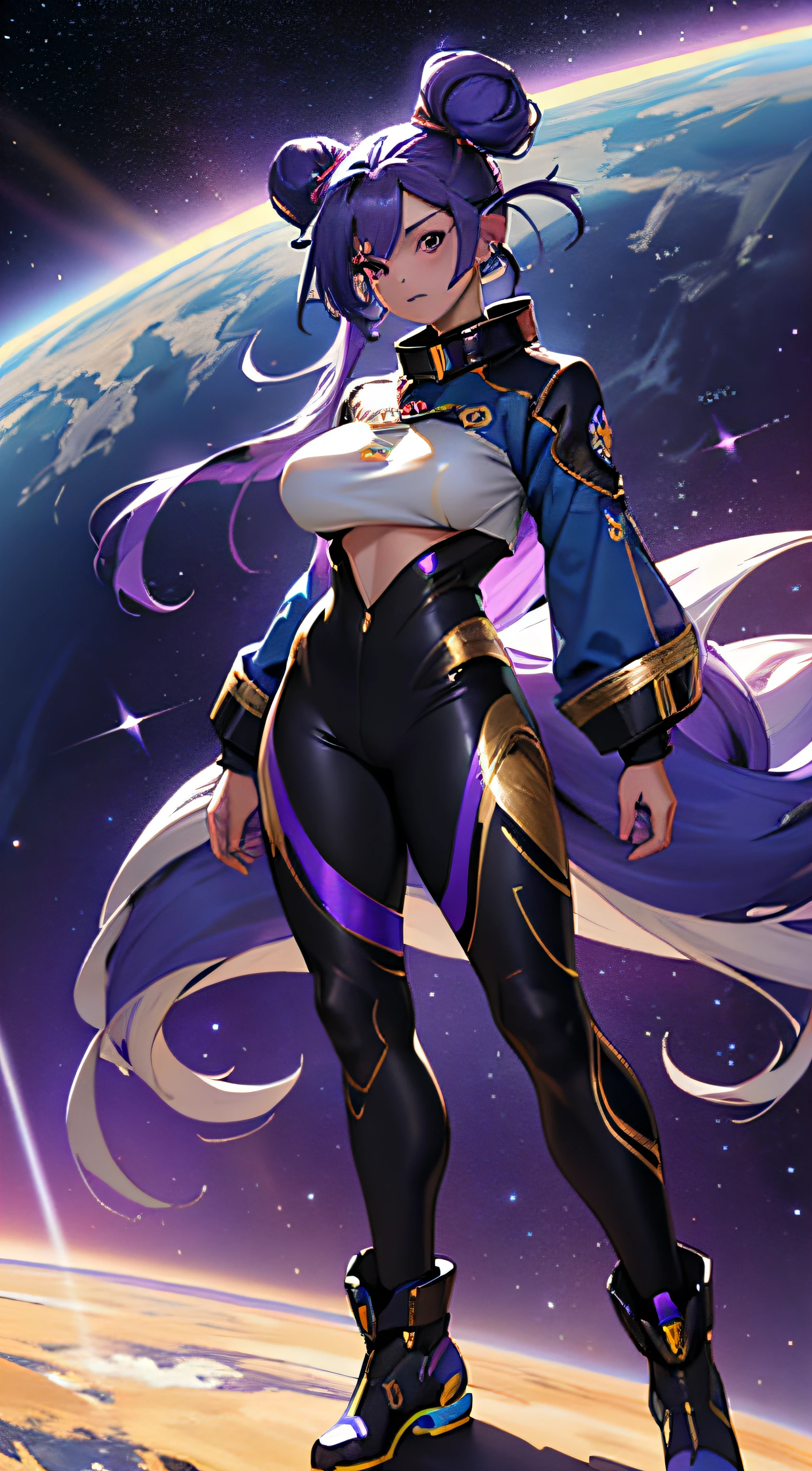 Hair Buns, Long hair, Blue and Purple, Gold accents, Holographic, Gold Dragon, Big breasts, Female, Aesthetics, Anime woman, Space Woman, Planets for Buns, Dragon Girl, Blue Hair, Purple Hair, Gradient Blue and Purple Hair, Stars in hair, Galactic, Full body