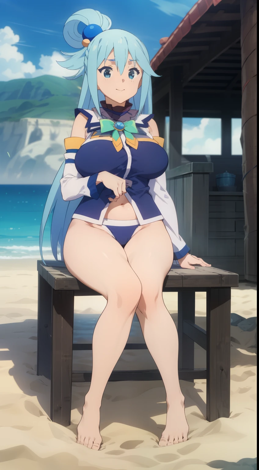 aqua, 1girl in,Sitting, Legs abiertas, Legs arriba, the pose, hair rings, hair adornments, perfectquality, good quality, masterpiece, nffsw, nffsw,View from below,((浅笑:1.1)),outside of house,sand beach,ocean water, full body Esbian, large full breasts,Legs, large full breasts