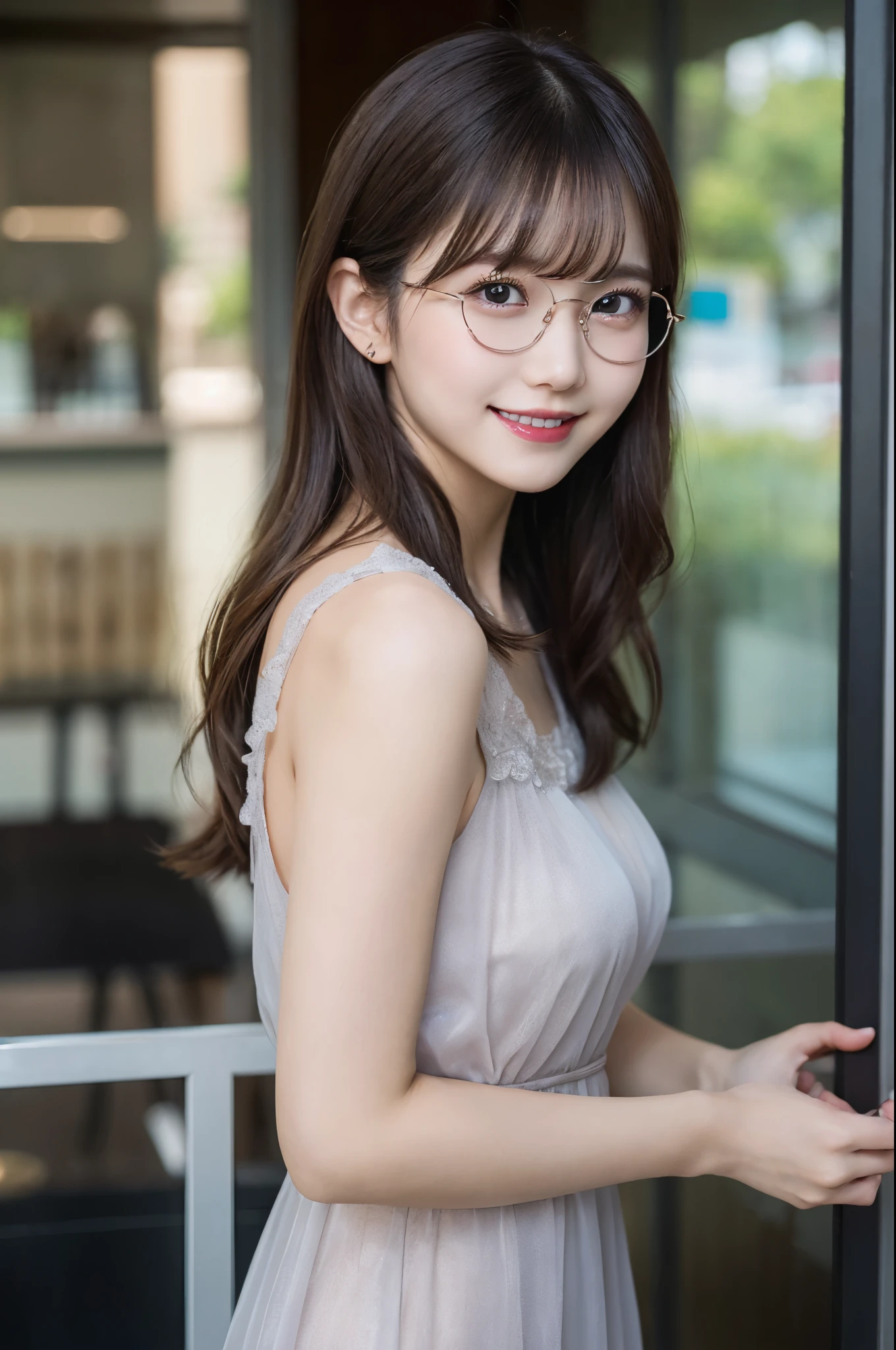 ulzzang -6500-v1.1, (Raw photo:1.2), (Photorealsitic), (See-through:1.3), (Real:1.4), １Girl in glasses、22year old、game_nffsw,  Round glasses(eye detailed), Smile of shame、(elegant long dress:1.3),  (Ultra-realistic pantyhose:1.2),  Turn around at the party venue、(Very affectionate smile:1.2)、huge filesize, hight resolution, ighly detailed, top-quality, [​masterpiece:1.6], illustratio, ighly detailed, nffsw, finely detail, top-quality, 8k wallpaper, Cinematographic lighting, cute droopy eyes beautiful big eyes、Pieckfinger, ((masutepiece)), Best Quality, 1girl in, eye shadow, realistic skin textures、shinny skin、Exposed thighs!!! , make - up、