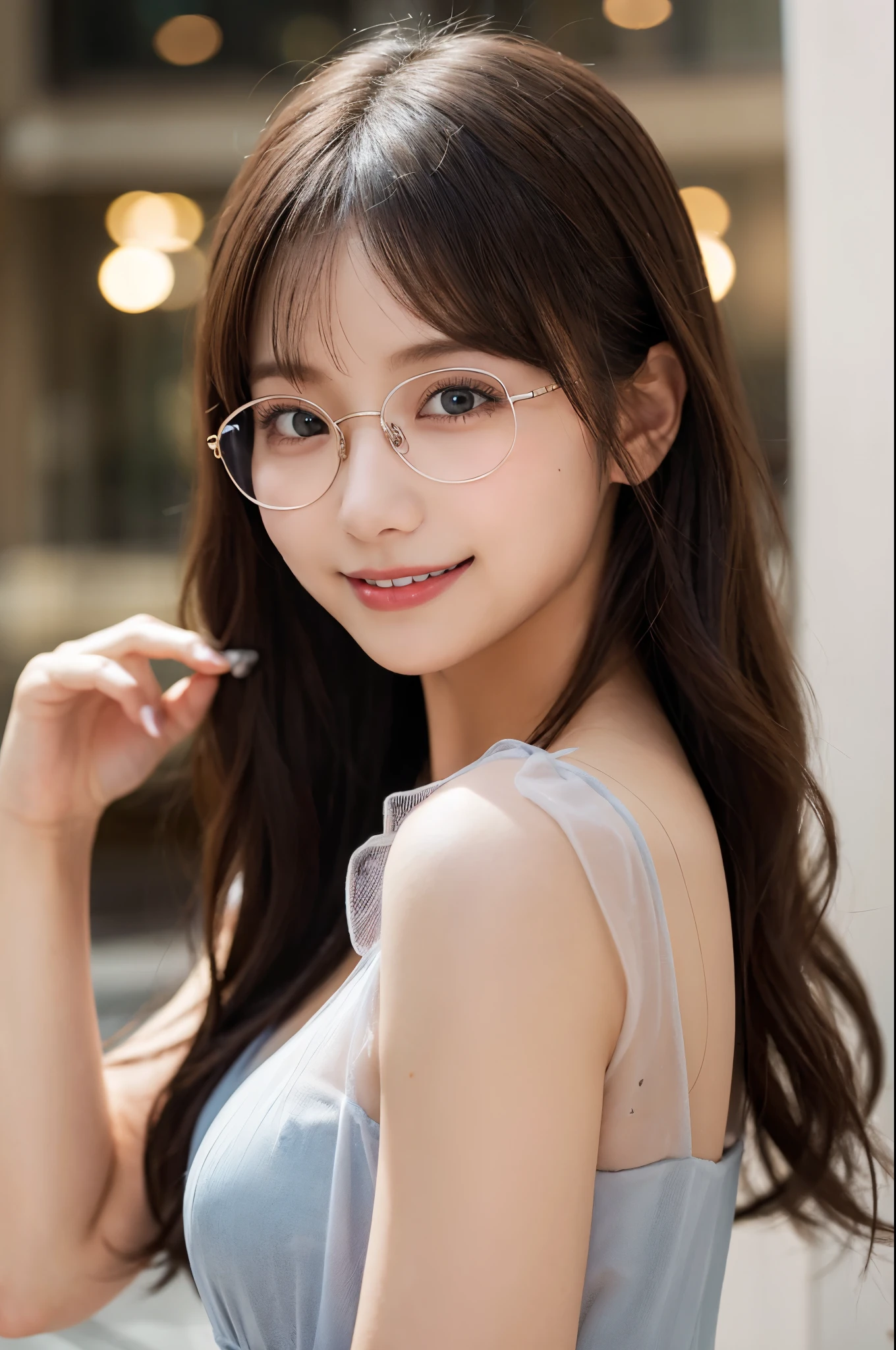 ulzzang -6500-v1.1, (Raw photo:1.2), (Photorealsitic), (See-through:1.3), (Real:1.4), １Girl in glasses、22year old、game_nffsw,  Round glasses(eye detailed), Smile of shame、(elegant long dress:1.3),  (Ultra-realistic pantyhose:1.2),  Turn around at the party venue、(Very affectionate smile:1.2)、huge filesize, hight resolution, ighly detailed, top-quality, [​masterpiece:1.6], illustratio, ighly detailed, nffsw, finely detail, top-quality, 8k wallpaper, Cinematographic lighting, cute droopy eyes beautiful big eyes、Pieckfinger, ((masutepiece)), Best Quality, 1girl in, eye shadow, realistic skin textures、shinny skin、Exposed thighs!!! , make - up、