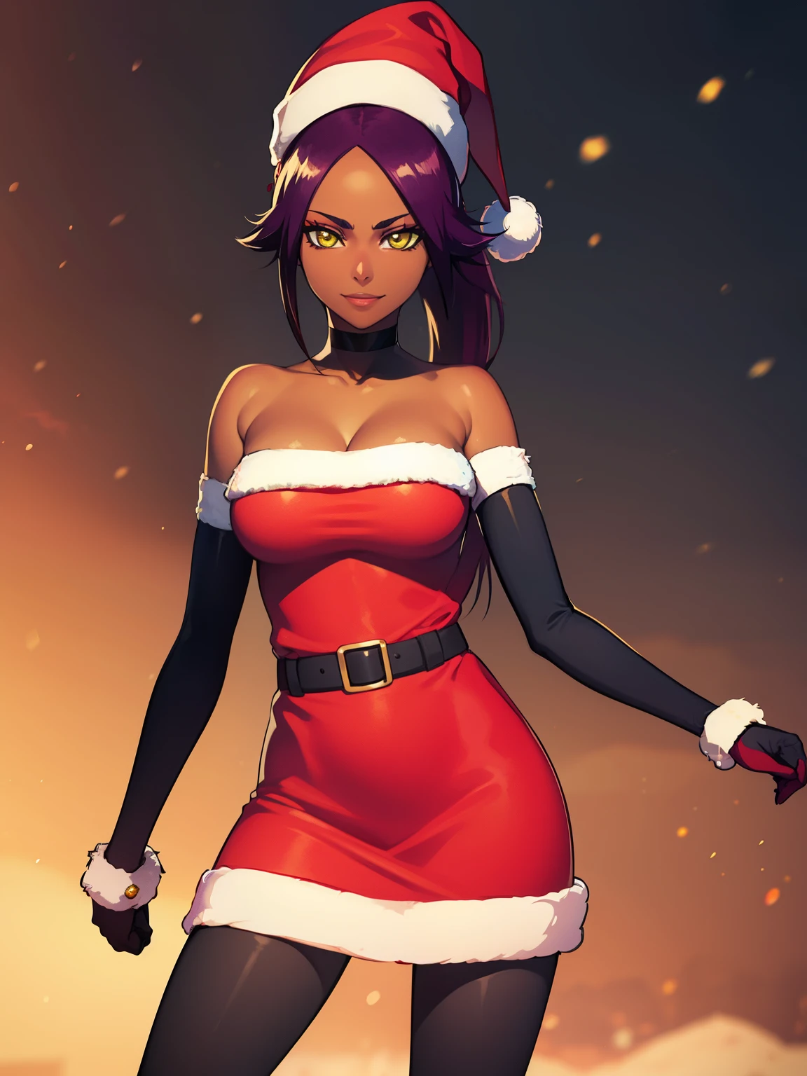 1girl, solo, masterpiece, best quality, high res, highly detailed, (illustration), beautiful detailed eyes,yoruichi shihouin, long hair, (yellow eyes:1.5), ponytail, purple hair, dark skin, dark-skinned female,,glossy lips, makeup, smile, long white satin elbow gloves, cowboy shot, (santa), red santa dress, santa hat, strapless dress, full body, white elbow gloves